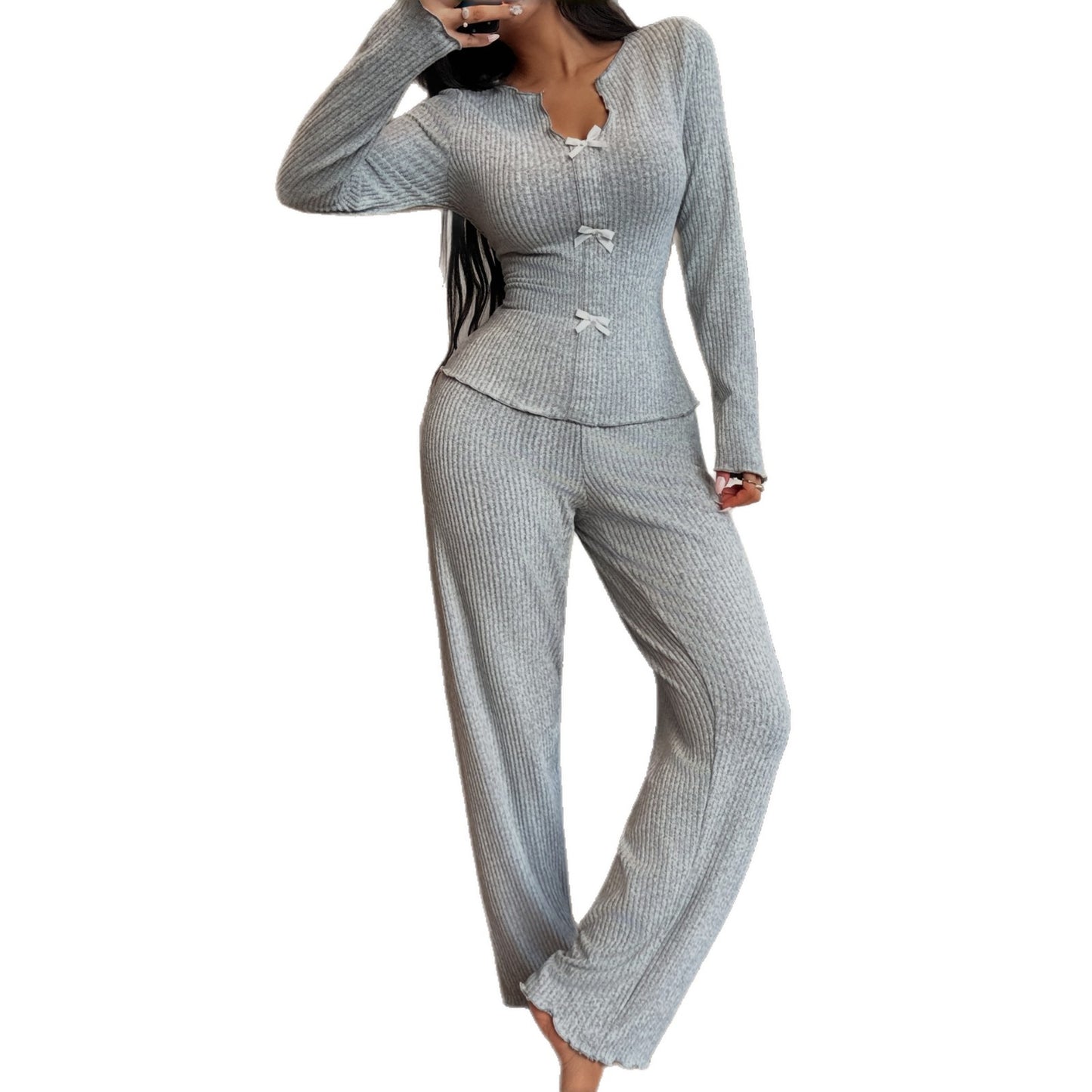 Autumn and winter women's bow knitted cardigan home wear suit