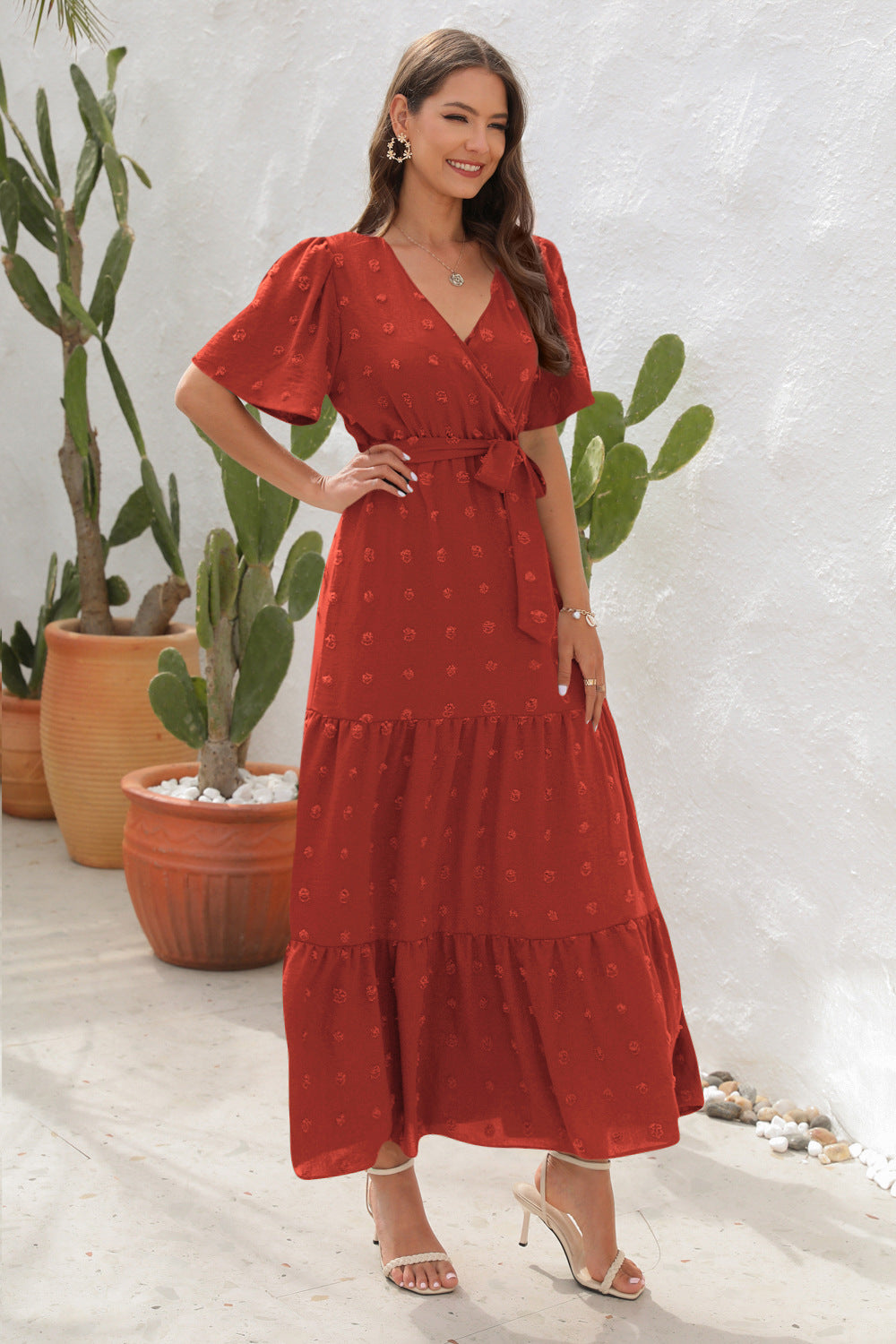 # V-Neck Tie-Waist Long Vacation Dress