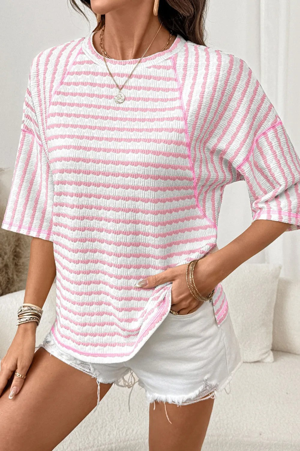 # Women's Striped Short-Sleeve Crew Neck Pullover T-Shirt