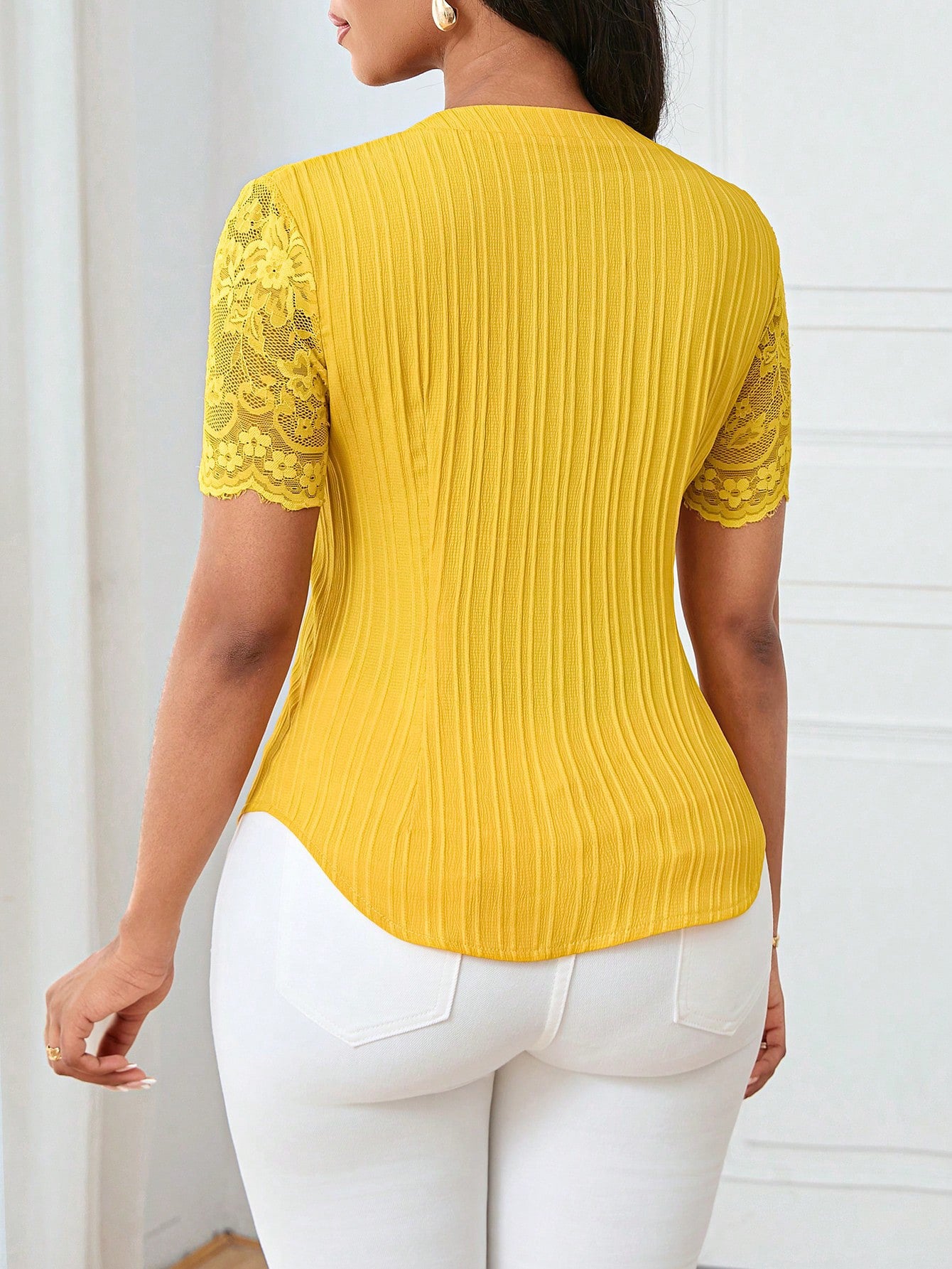 Solid Color Embroidered Hollow-Out Short-Sleeve Top