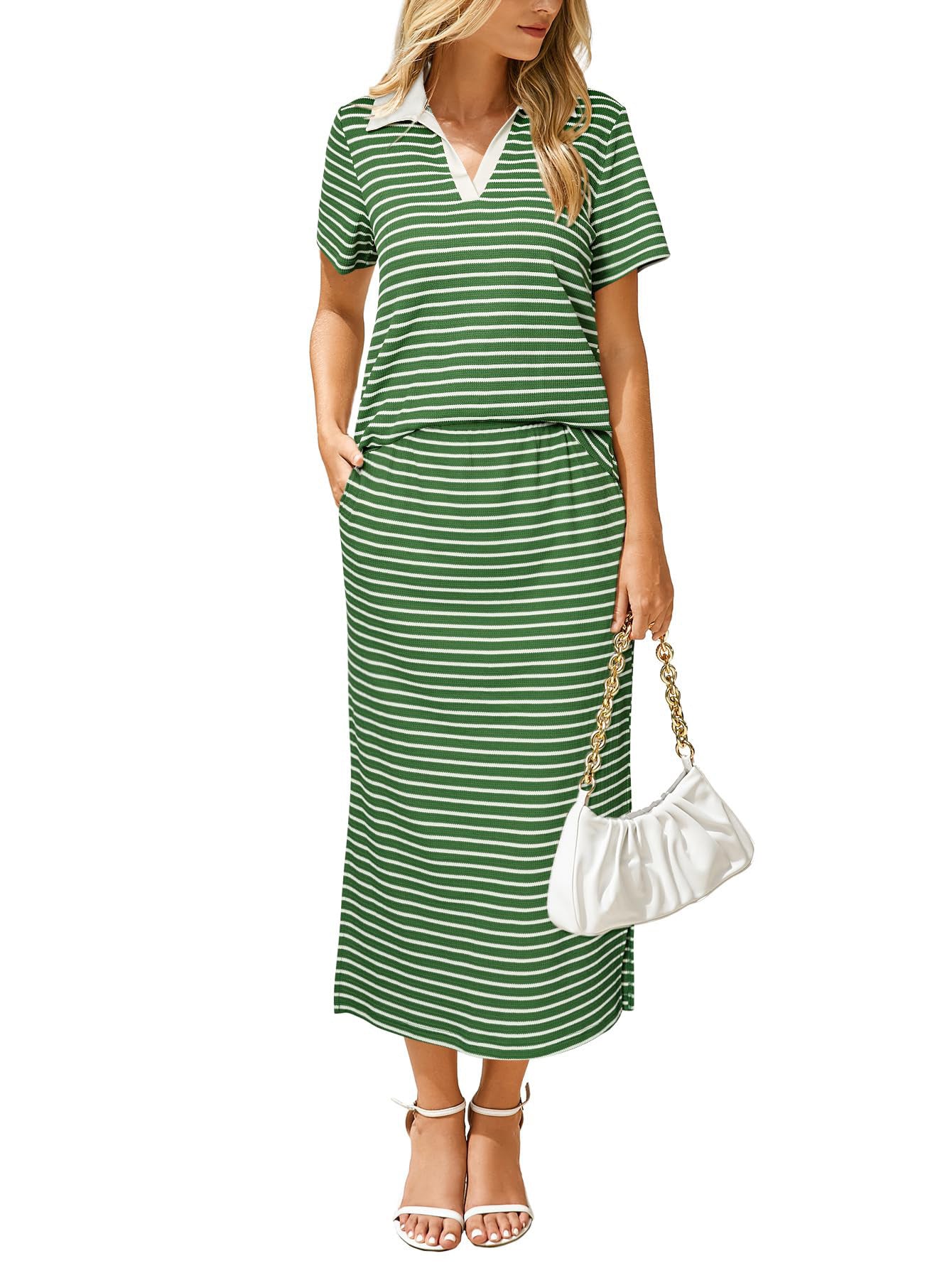 # Two-Piece Set: Collared T-Shirt and Slit Skirt