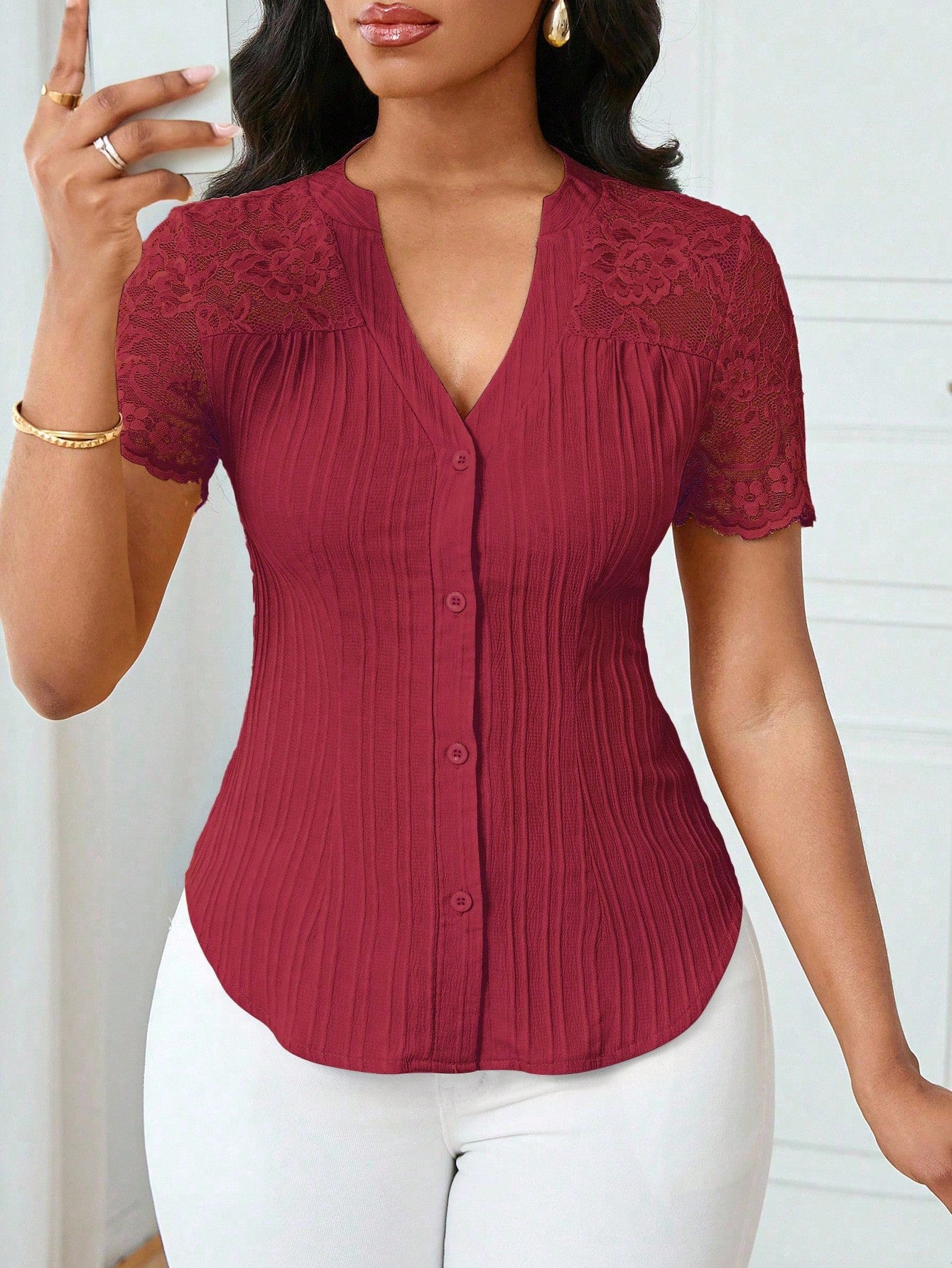 Solid Color Embroidered Hollow-Out Short-Sleeve Top