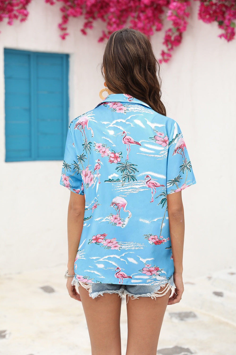 # Floral Print Pleated Collared Short-Sleeve Shirt
