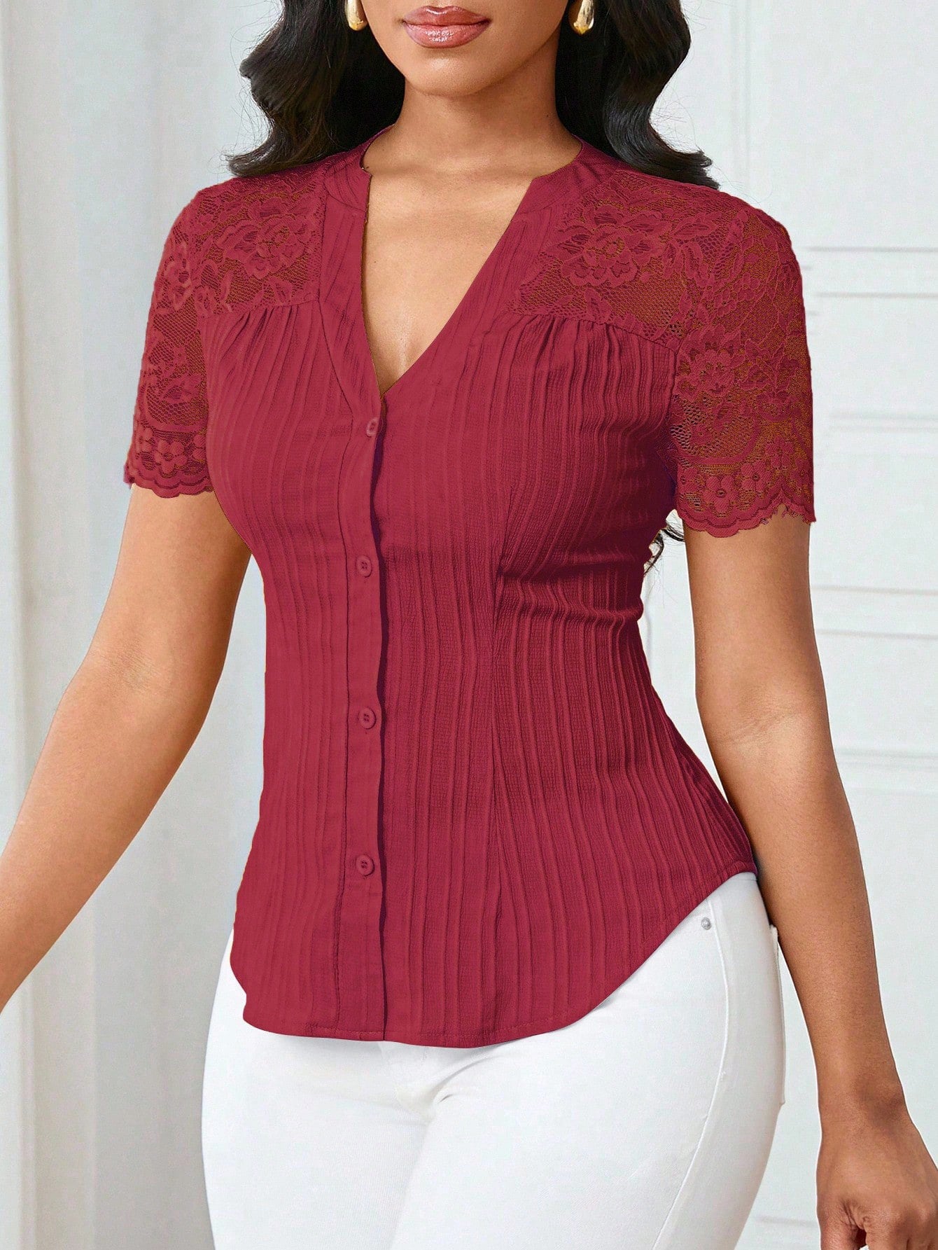 Solid Color Embroidered Hollow-Out Short-Sleeve Top