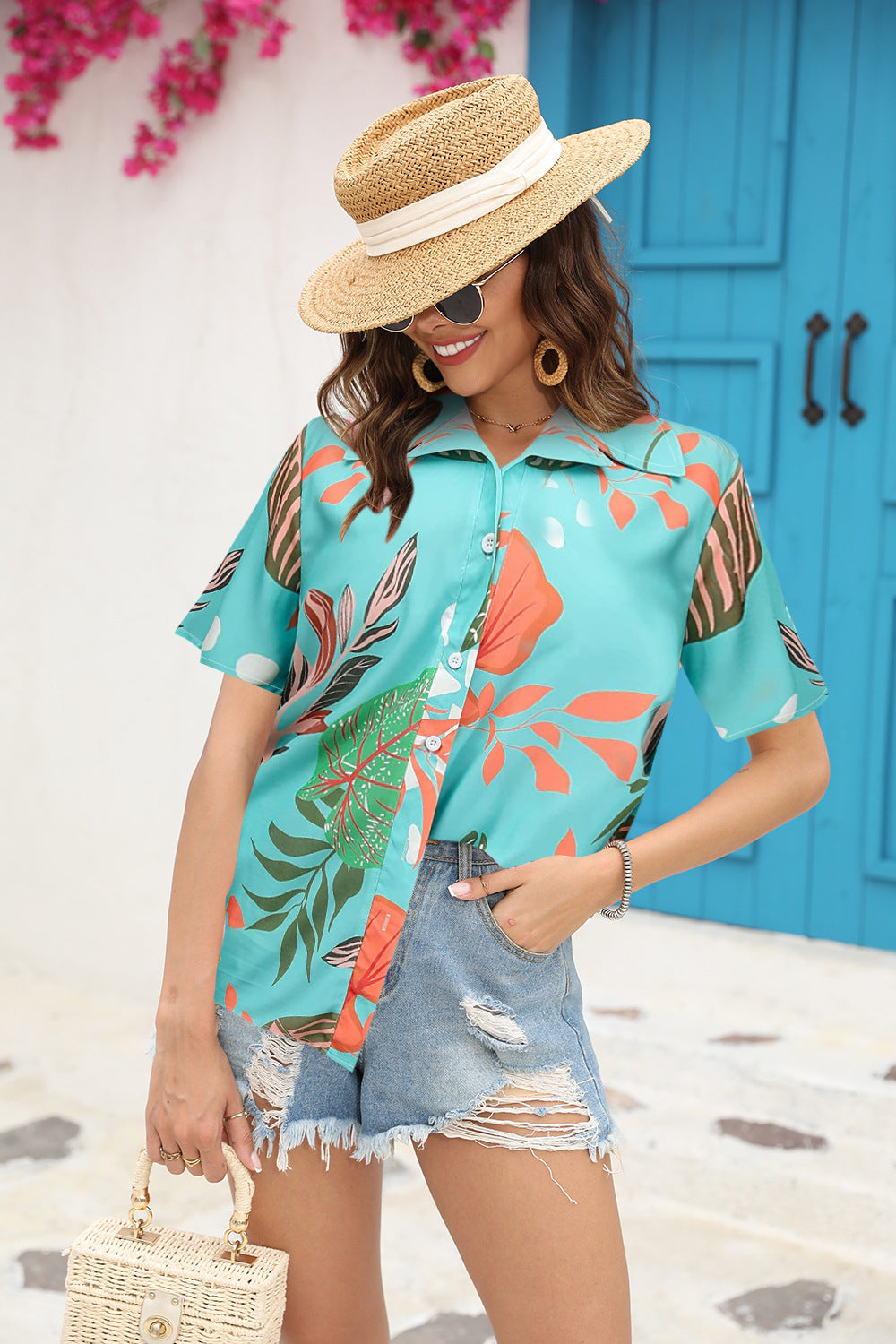 # Floral Print Pleated Collared Short-Sleeve Shirt