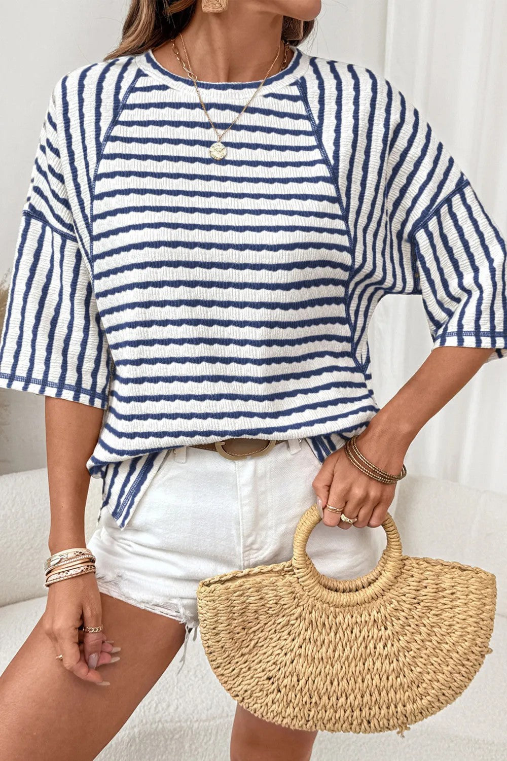 # Women's Striped Short-Sleeve Crew Neck Pullover T-Shirt