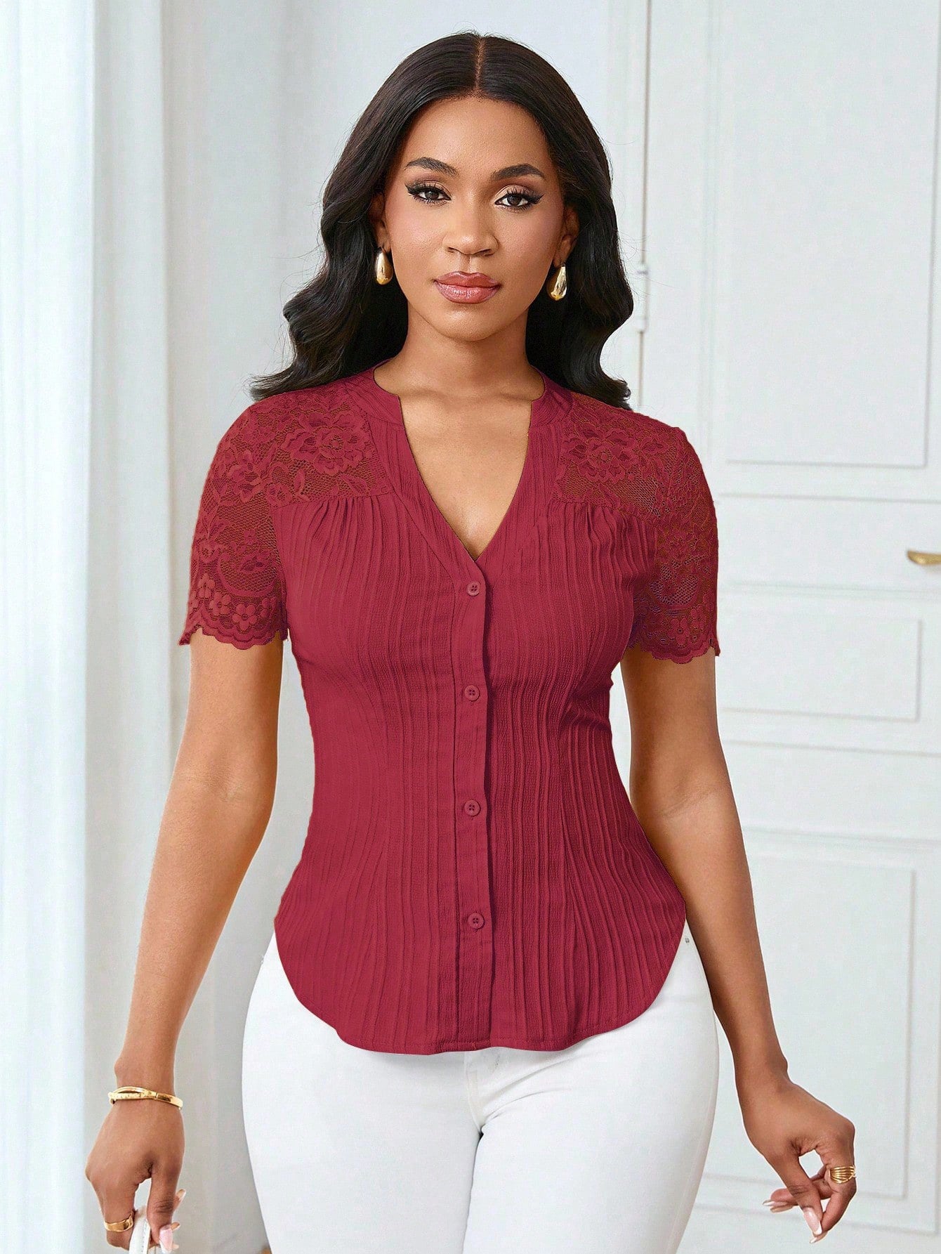 Solid Color Embroidered Hollow-Out Short-Sleeve Top