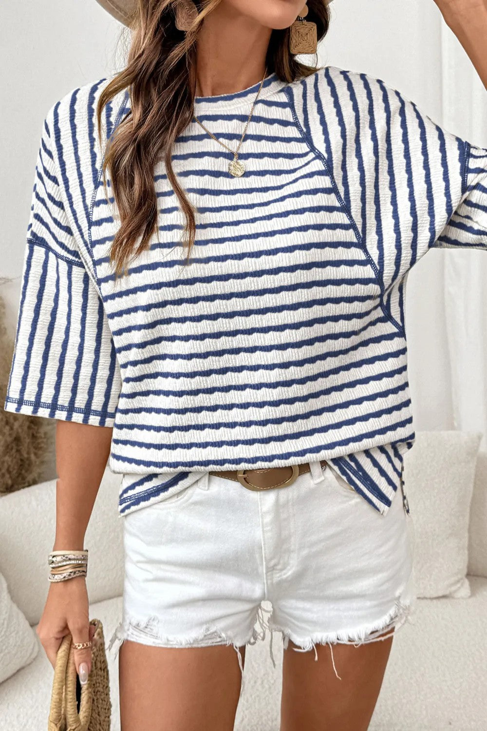 # Women's Striped Short-Sleeve Crew Neck Pullover T-Shirt