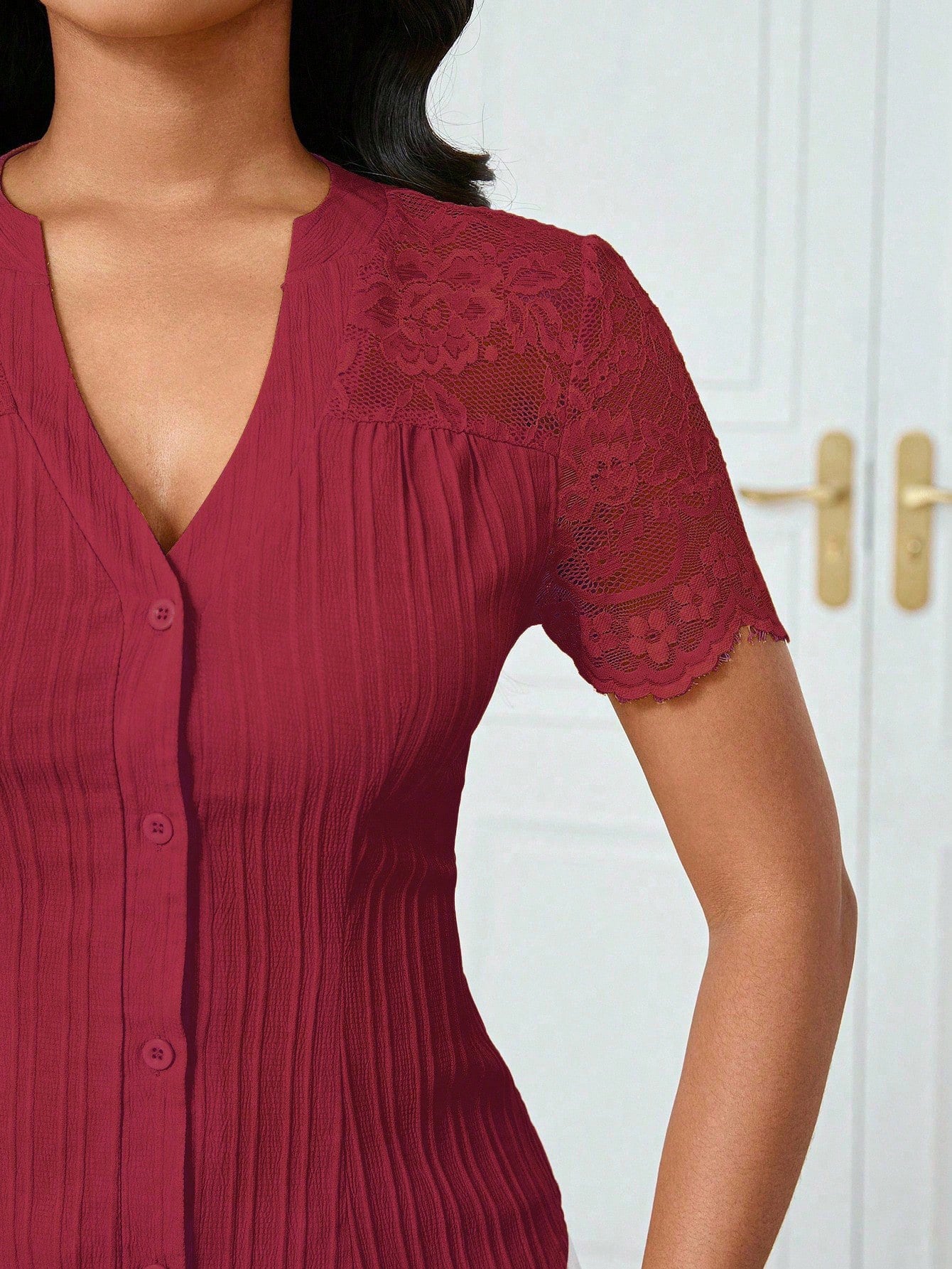 Solid Color Embroidered Hollow-Out Short-Sleeve Top