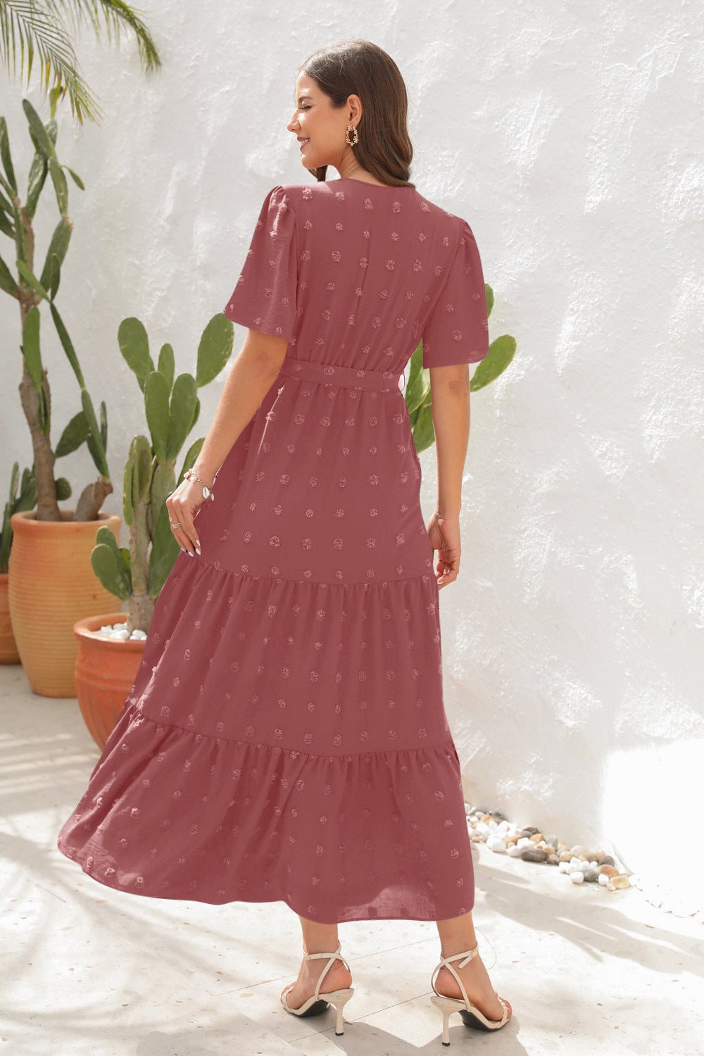# V-Neck Tie-Waist Long Vacation Dress