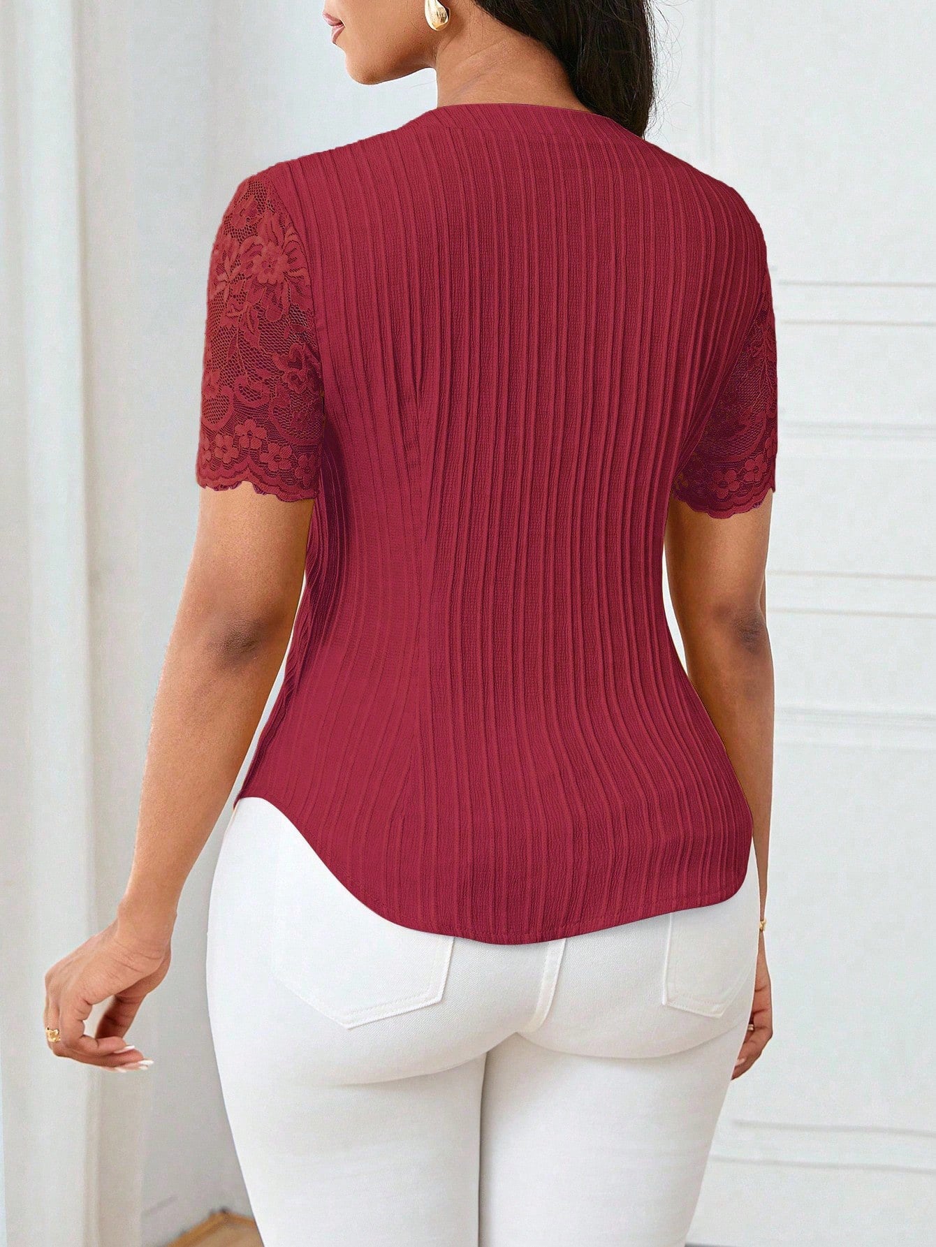 Solid Color Embroidered Hollow-Out Short-Sleeve Top