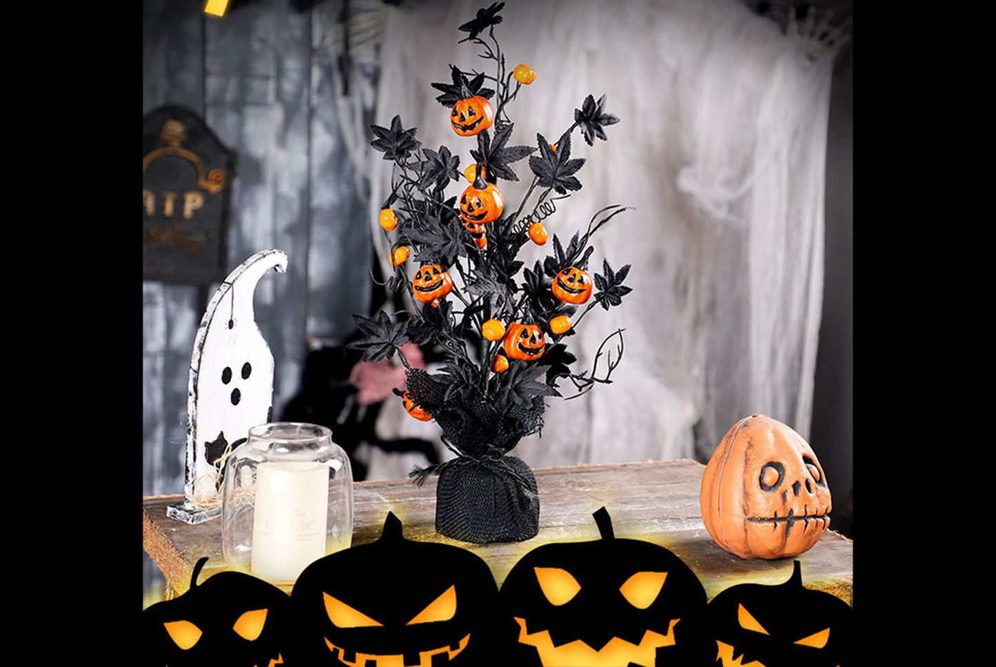 **Halloween Spooky Pumpkin Maple Leaf Decorative Tree, Home Party Decoration**