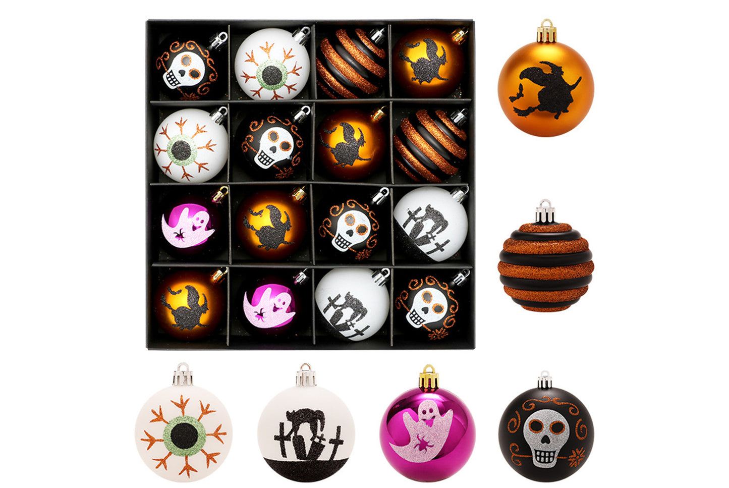 **Halloween 16-Piece Painted Spooky Skull Plastic Ball Hanging Ornaments**