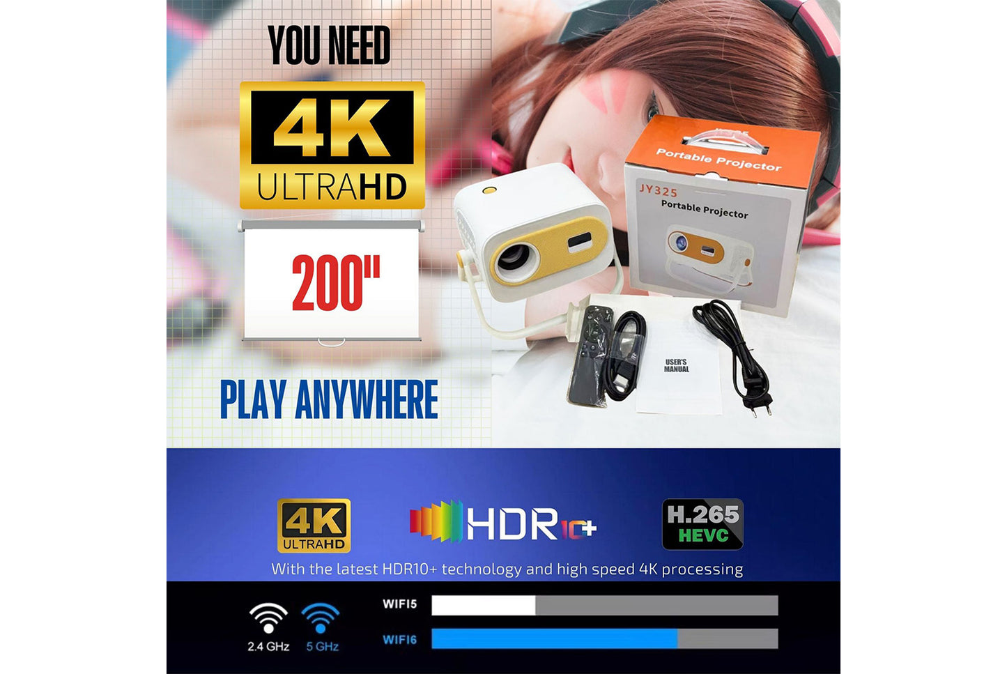 **JY325 Android 4K Projector Portable Smart Home Theater**(UK plug)