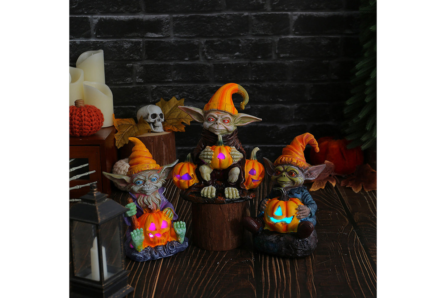 Halloween Pumpkin Lantern Resin Ornament | Glowing Gnome Doll