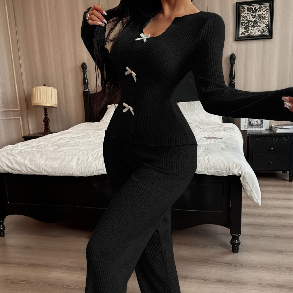 Autumn and winter women's bow knitted cardigan home wear suit