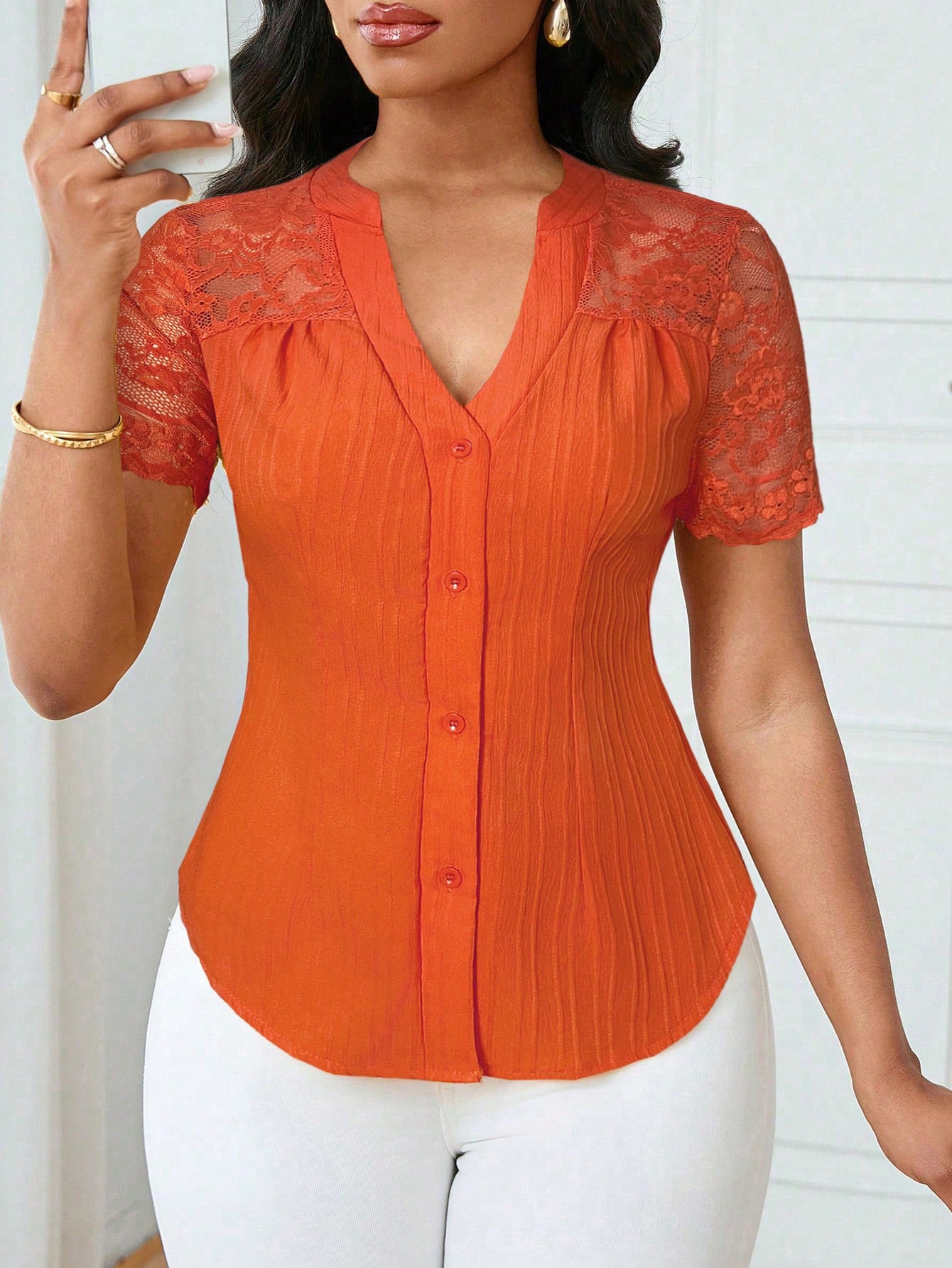 Solid Color Embroidered Hollow-Out Short-Sleeve Top