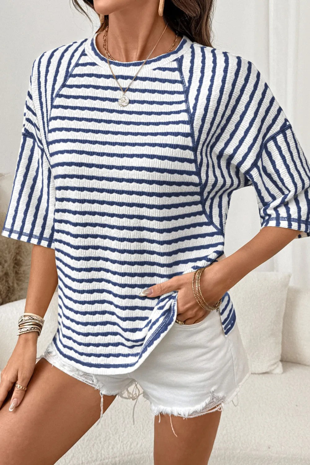 # Women's Striped Short-Sleeve Crew Neck Pullover T-Shirt