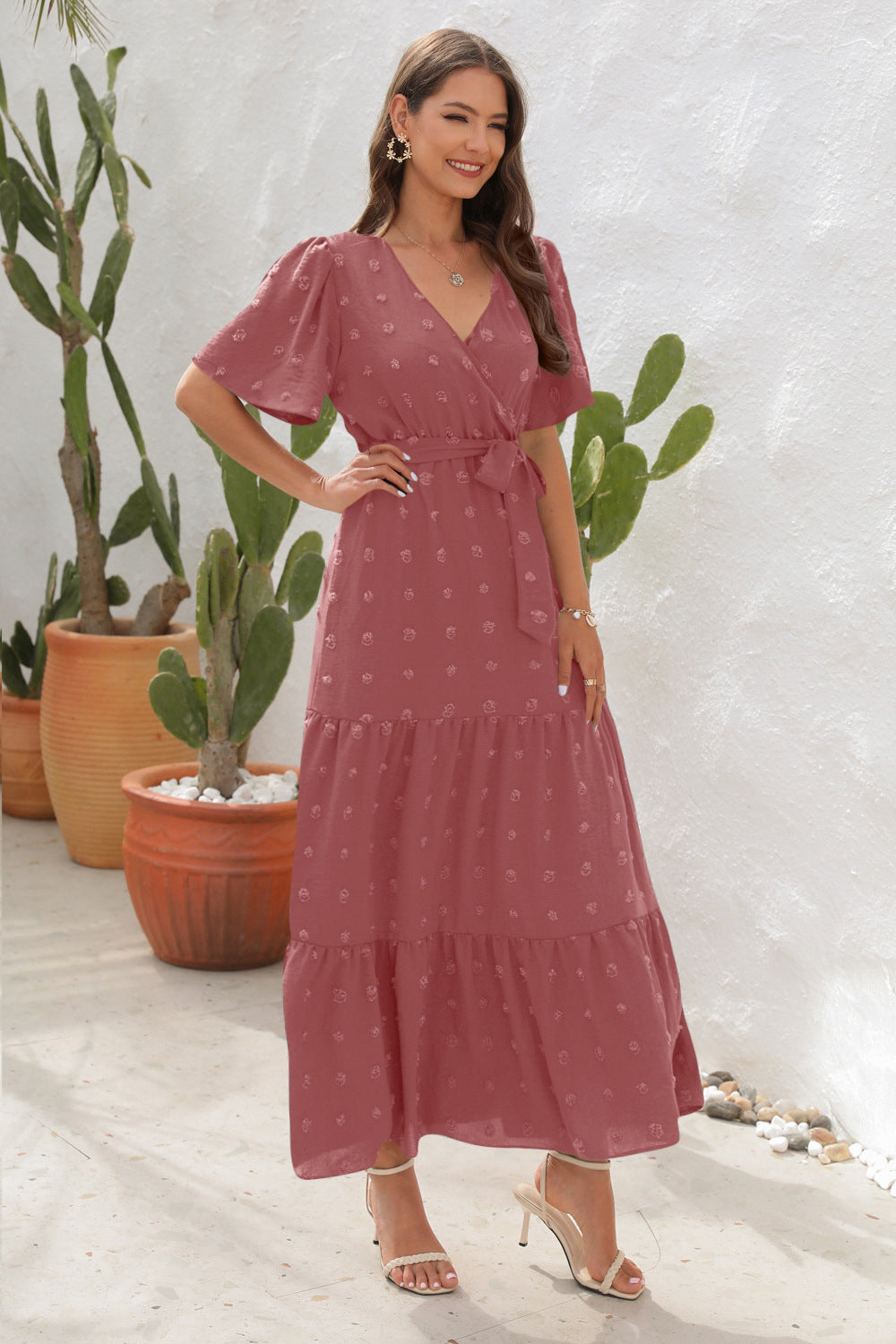 # V-Neck Tie-Waist Long Vacation Dress