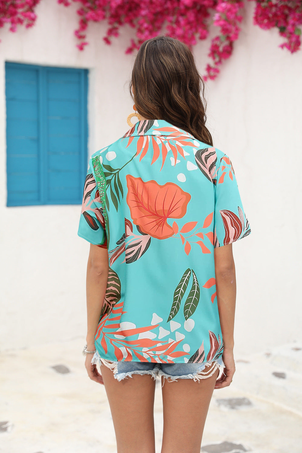 # Floral Print Pleated Collared Short-Sleeve Shirt