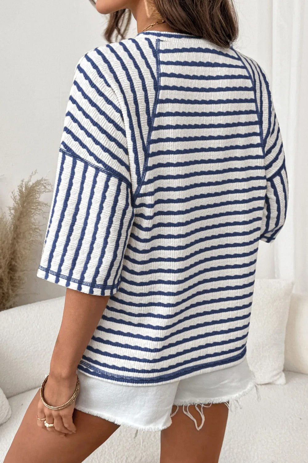 # Women's Striped Short-Sleeve Crew Neck Pullover T-Shirt