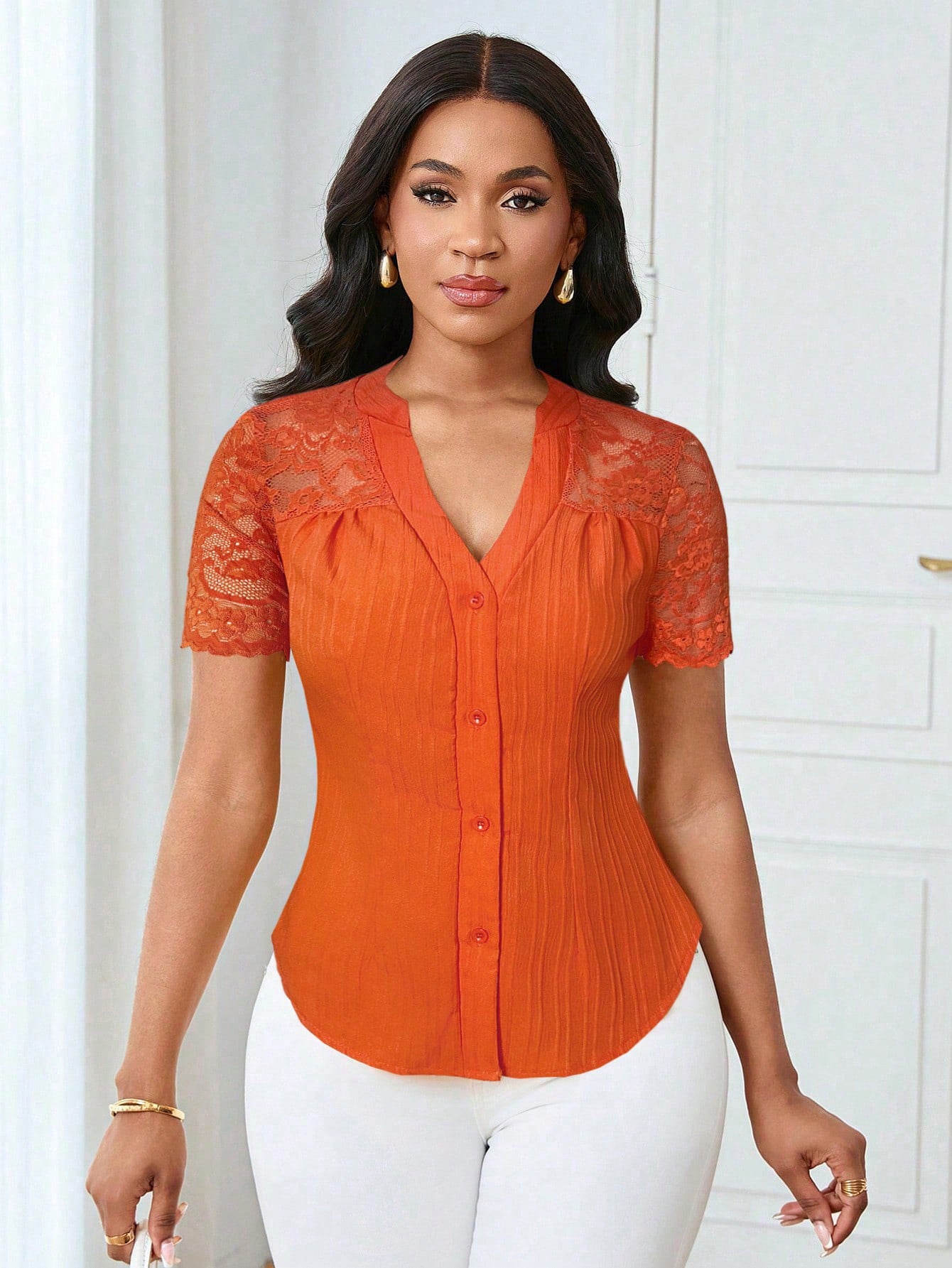 Solid Color Embroidered Hollow-Out Short-Sleeve Top