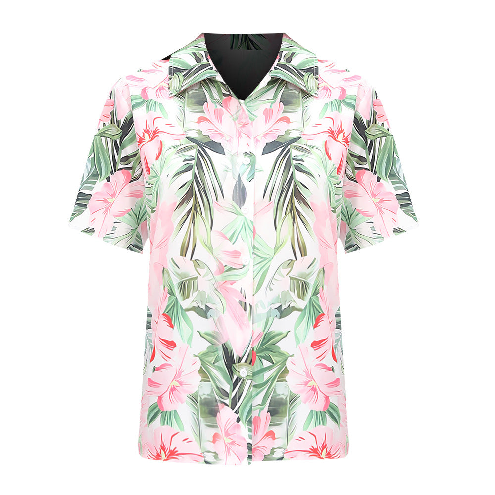 # Floral Print Pleated Collared Short-Sleeve Shirt