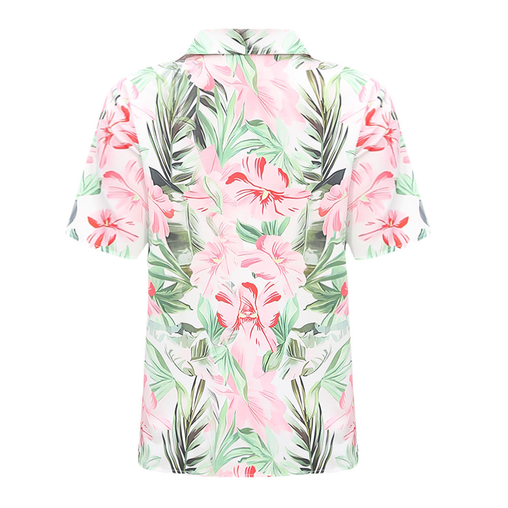 # Floral Print Pleated Collared Short-Sleeve Shirt