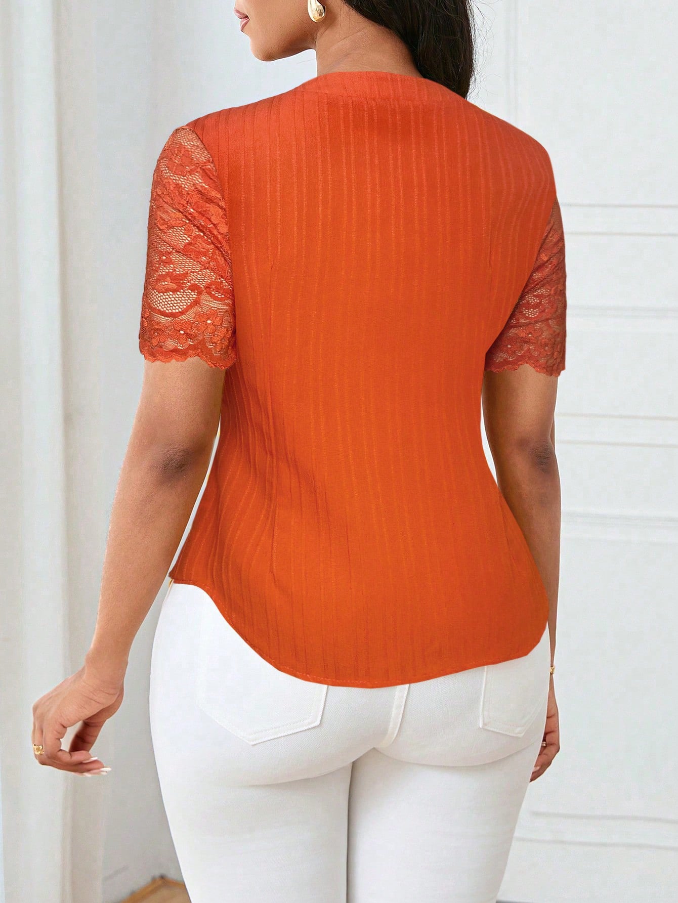 Solid Color Embroidered Hollow-Out Short-Sleeve Top