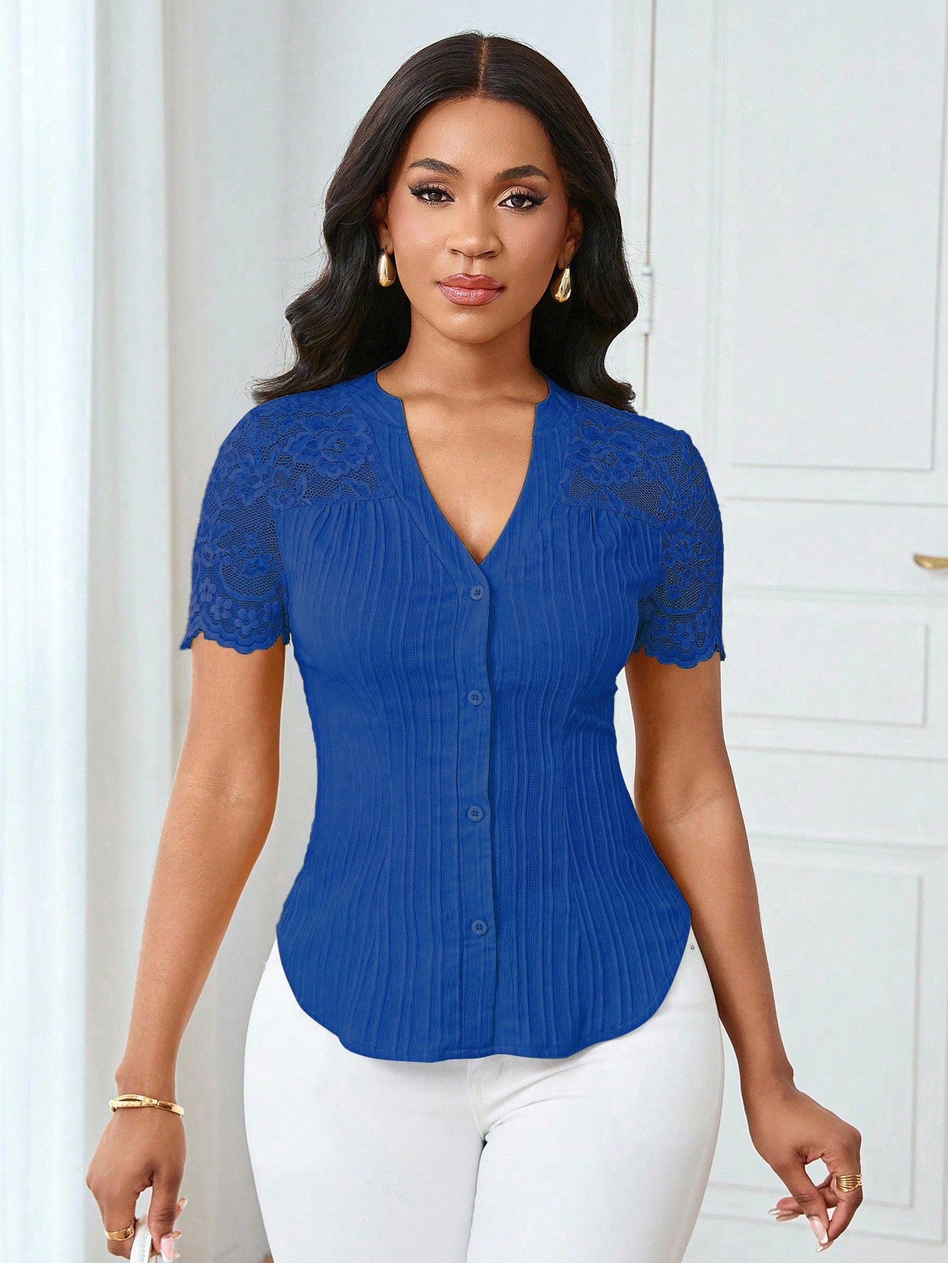 Solid Color Embroidered Hollow-Out Short-Sleeve Top