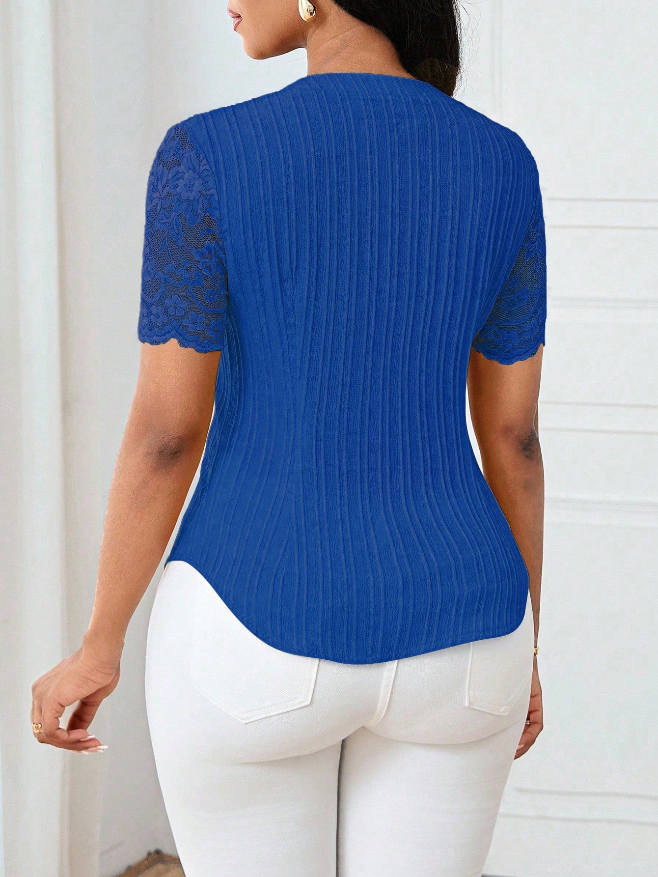 Solid Color Embroidered Hollow-Out Short-Sleeve Top