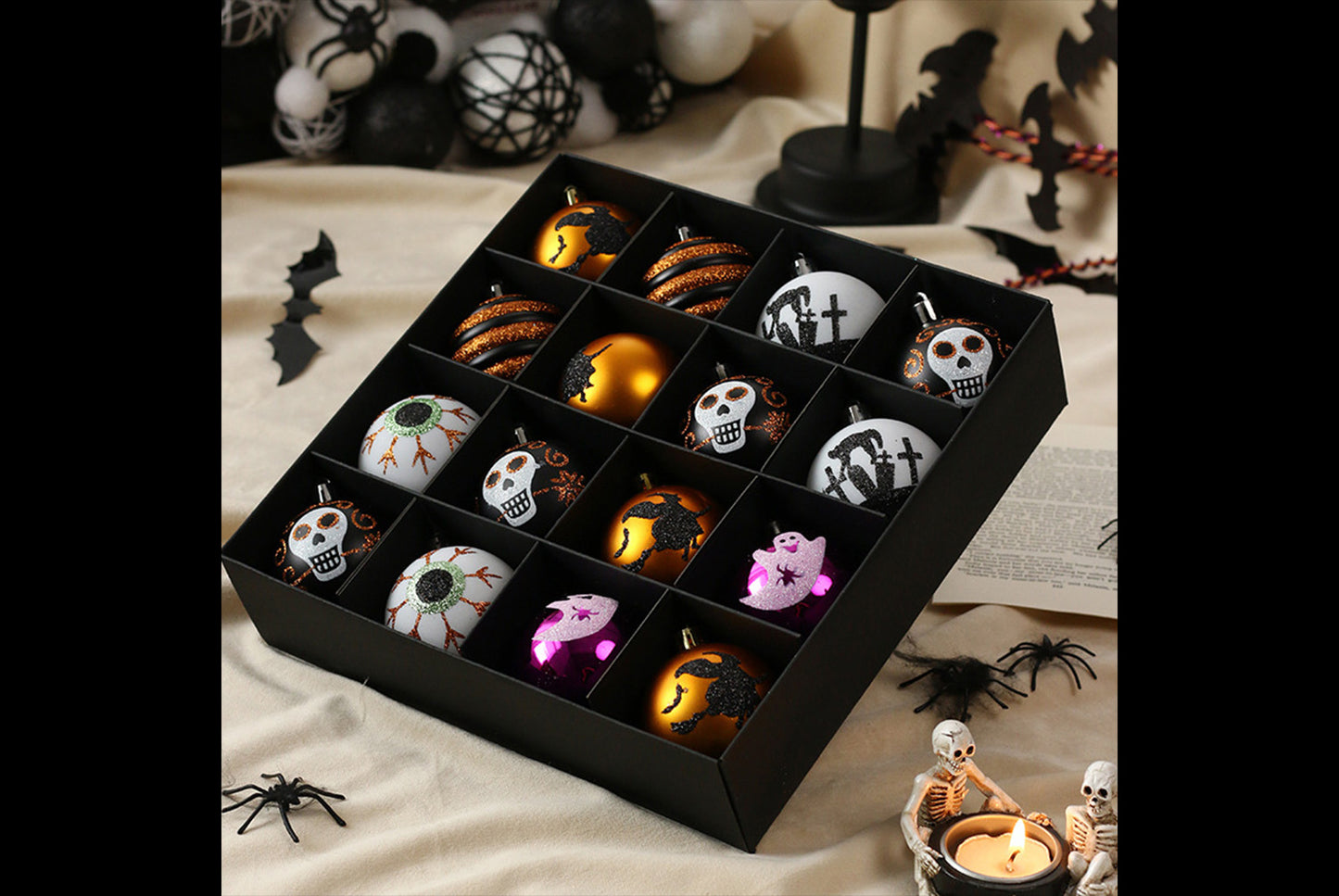 **Halloween 16-Piece Painted Spooky Skull Plastic Ball Hanging Ornaments**