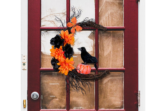 Halloween Orange and Black Crow Moon Wreath Door Hanging