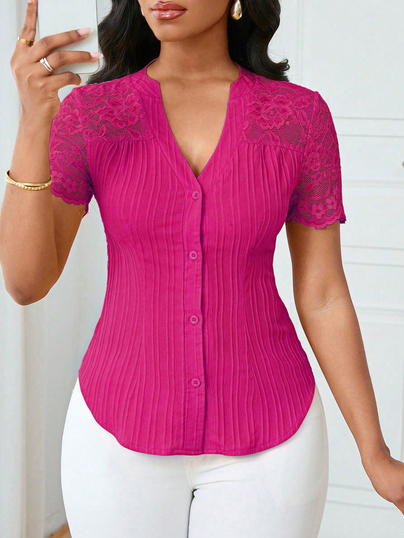 Solid Color Embroidered Hollow-Out Short-Sleeve Top