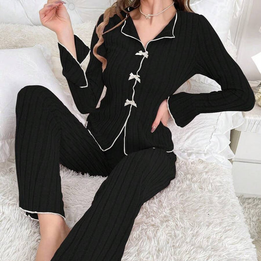 Bowknot Pajamas Ribbed Casual Long Jacket for Women Home Clothes Two-Piece Set