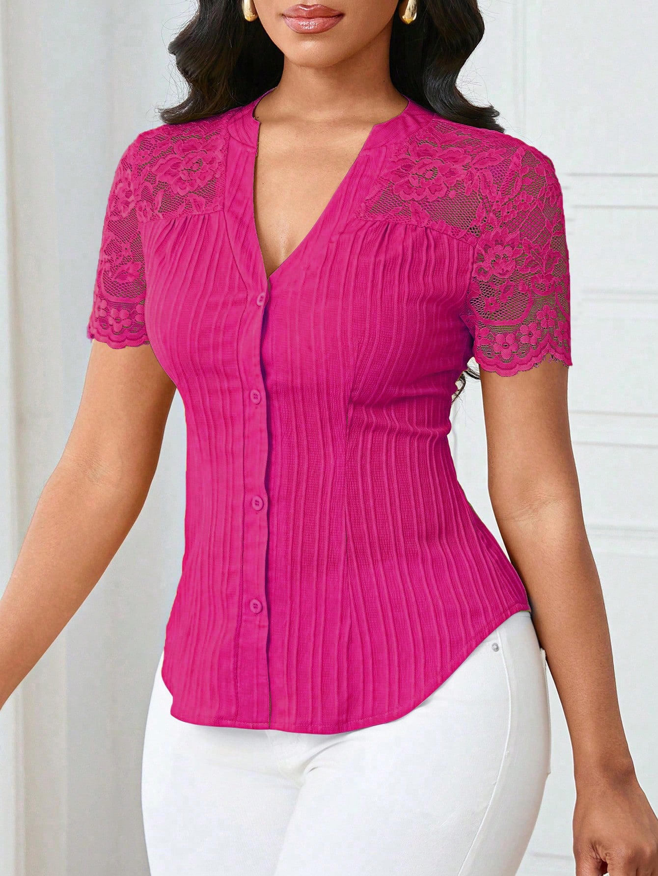 Solid Color Embroidered Hollow-Out Short-Sleeve Top