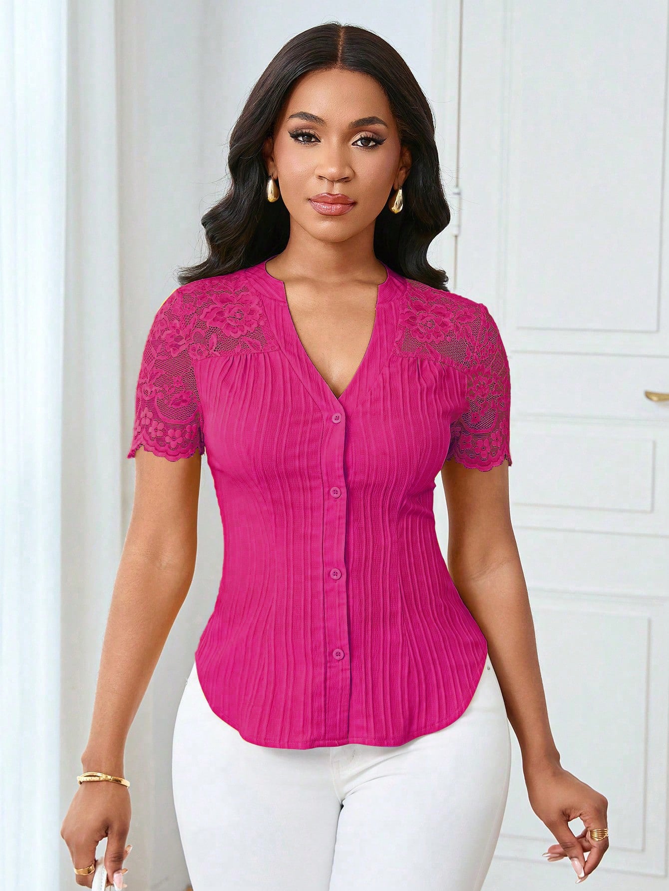 Solid Color Embroidered Hollow-Out Short-Sleeve Top