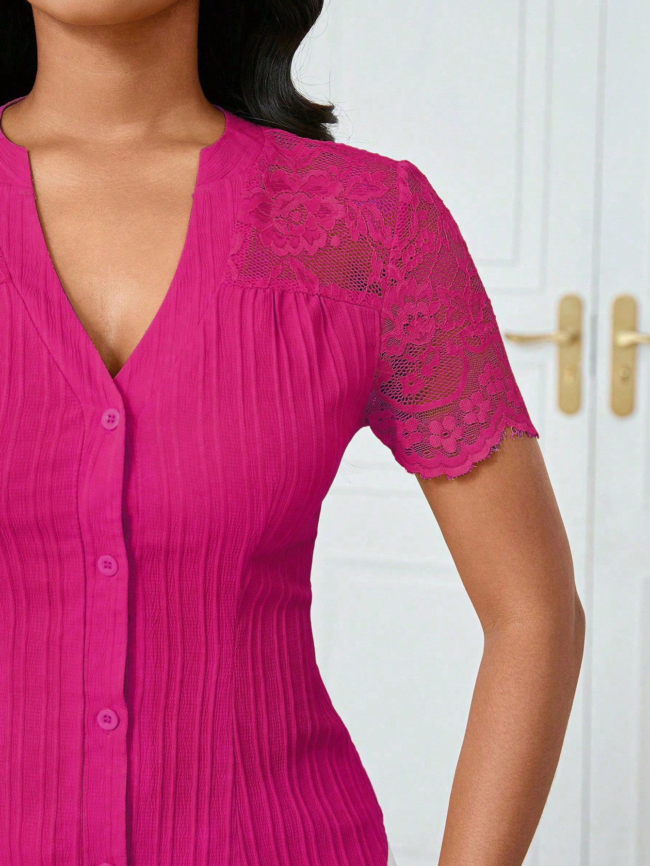 Solid Color Embroidered Hollow-Out Short-Sleeve Top