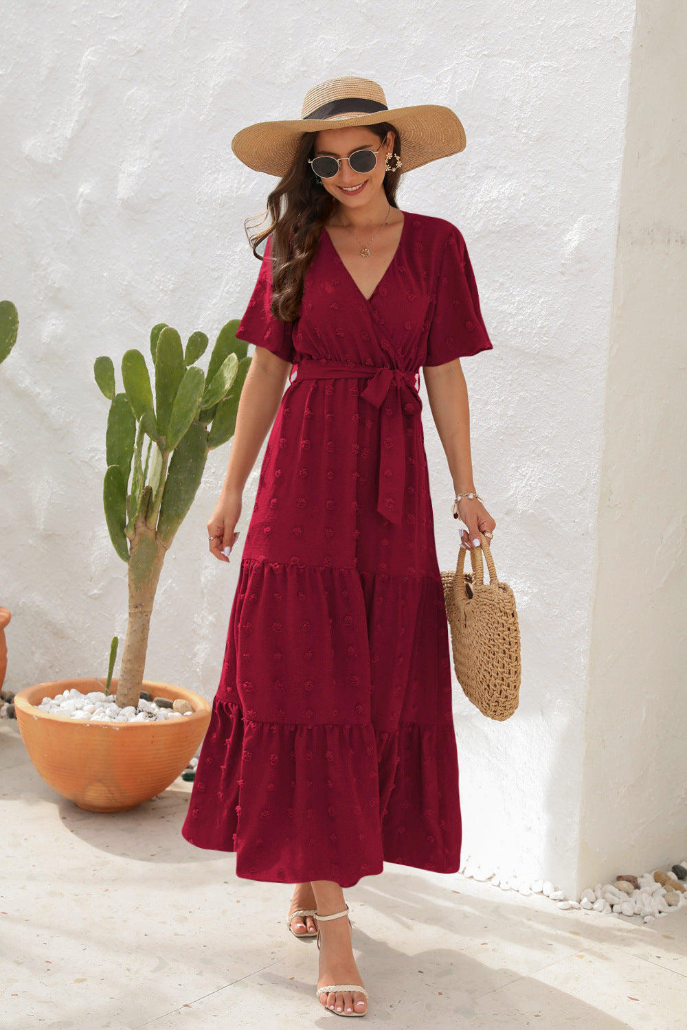 # V-Neck Tie-Waist Long Vacation Dress
