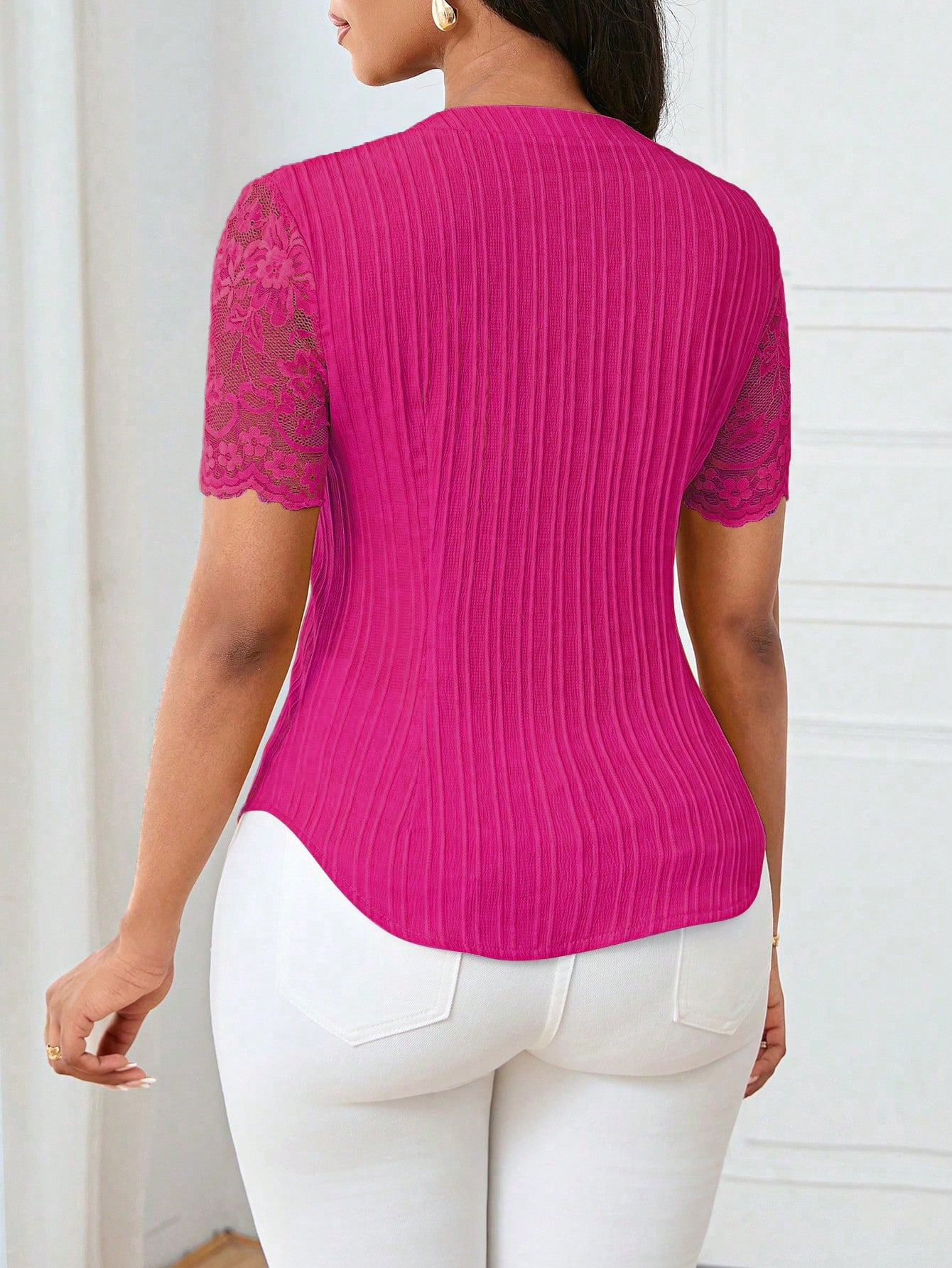 Solid Color Embroidered Hollow-Out Short-Sleeve Top
