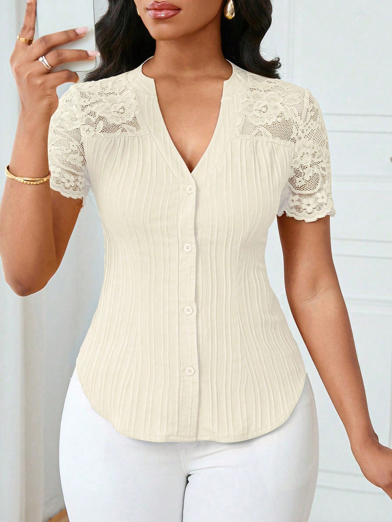Solid Color Embroidered Hollow-Out Short-Sleeve Top