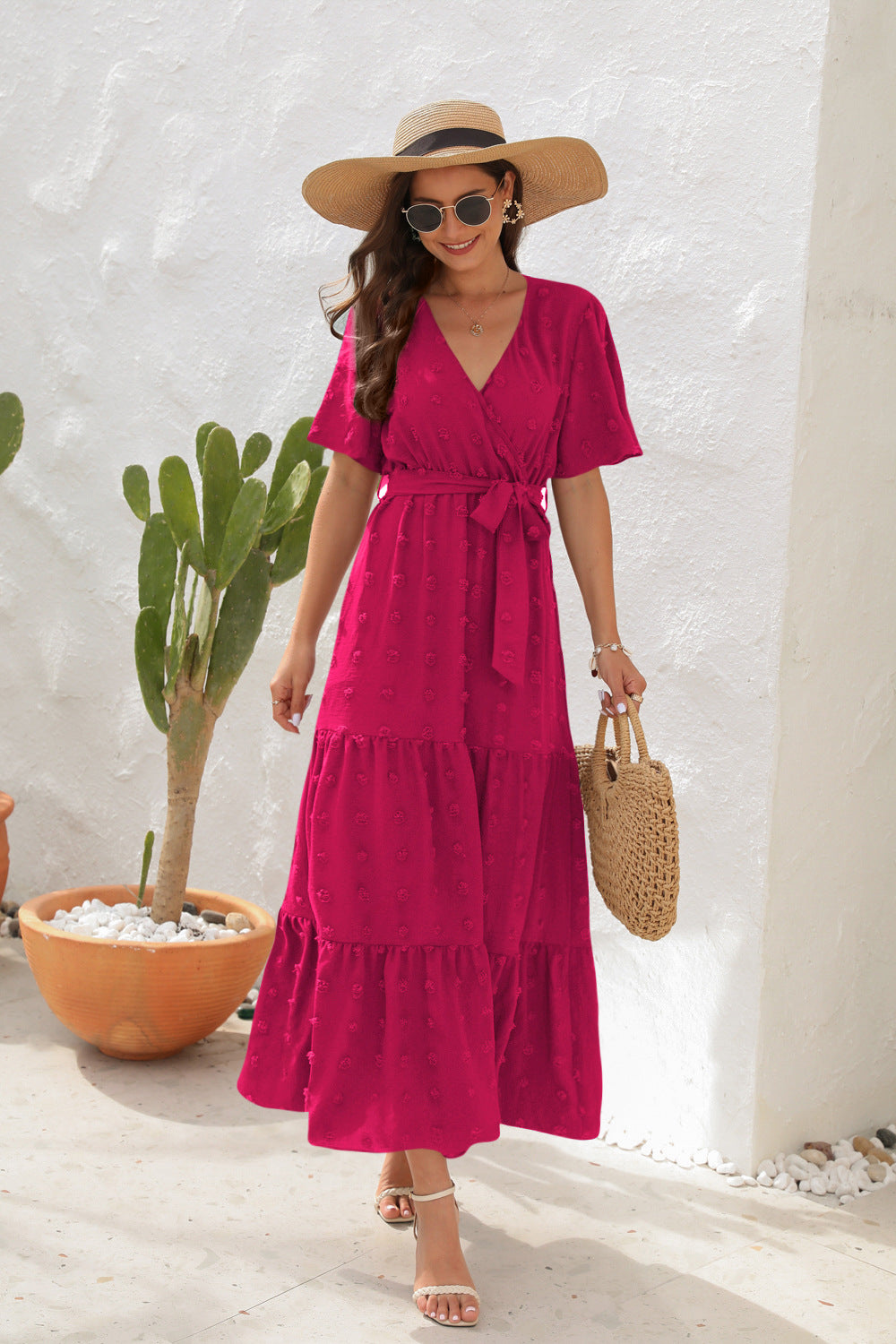 # V-Neck Tie-Waist Long Vacation Dress