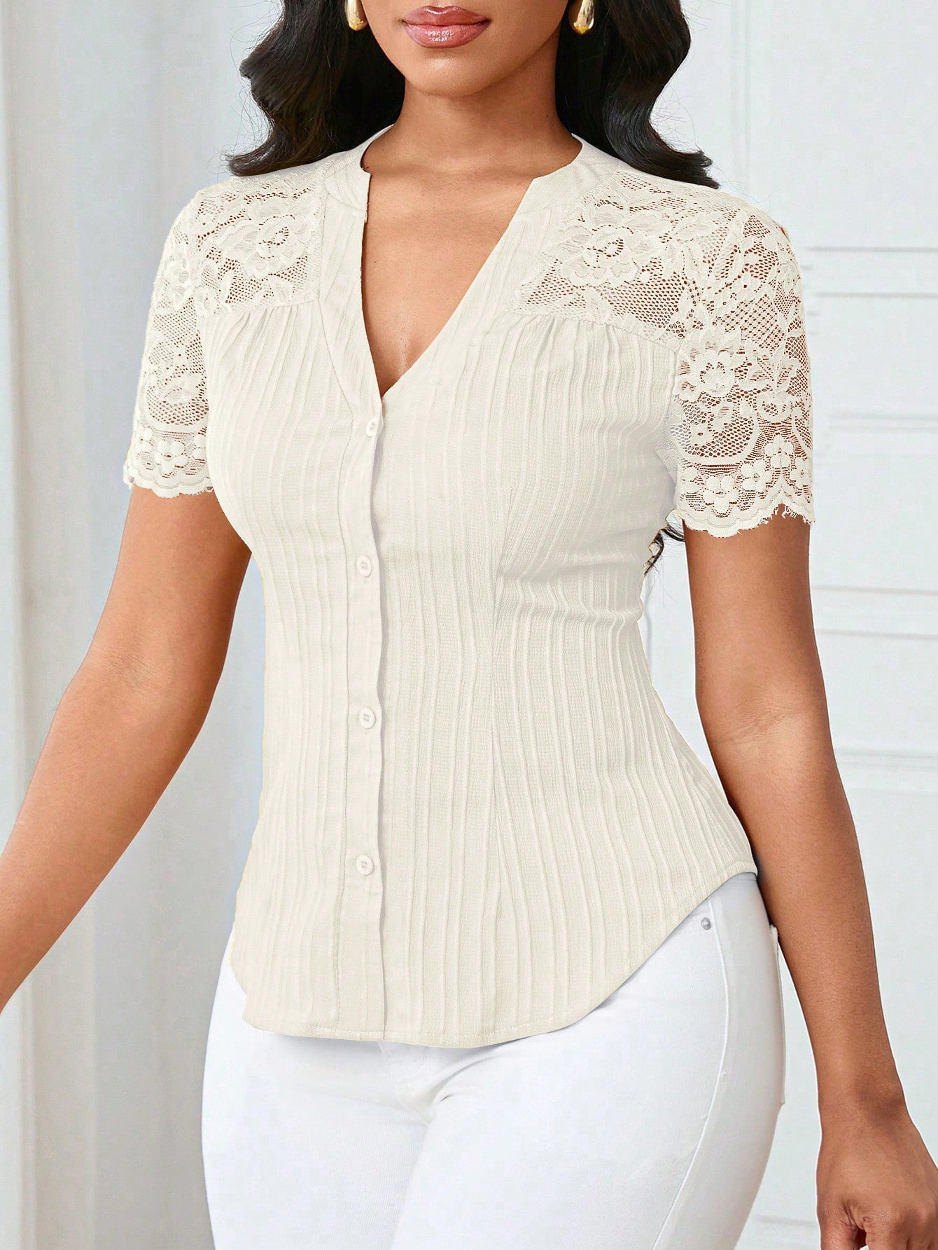 Solid Color Embroidered Hollow-Out Short-Sleeve Top