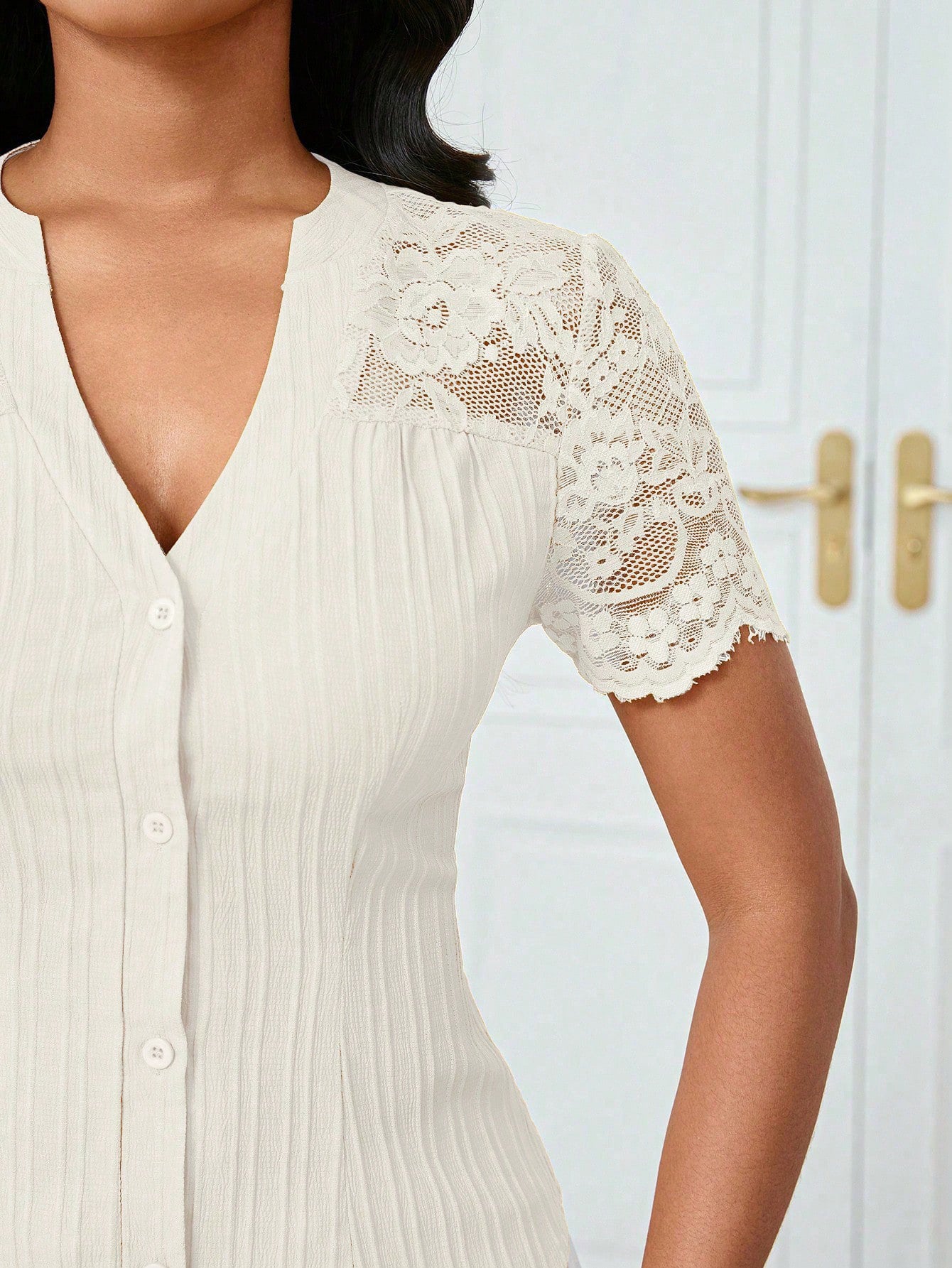 Solid Color Embroidered Hollow-Out Short-Sleeve Top