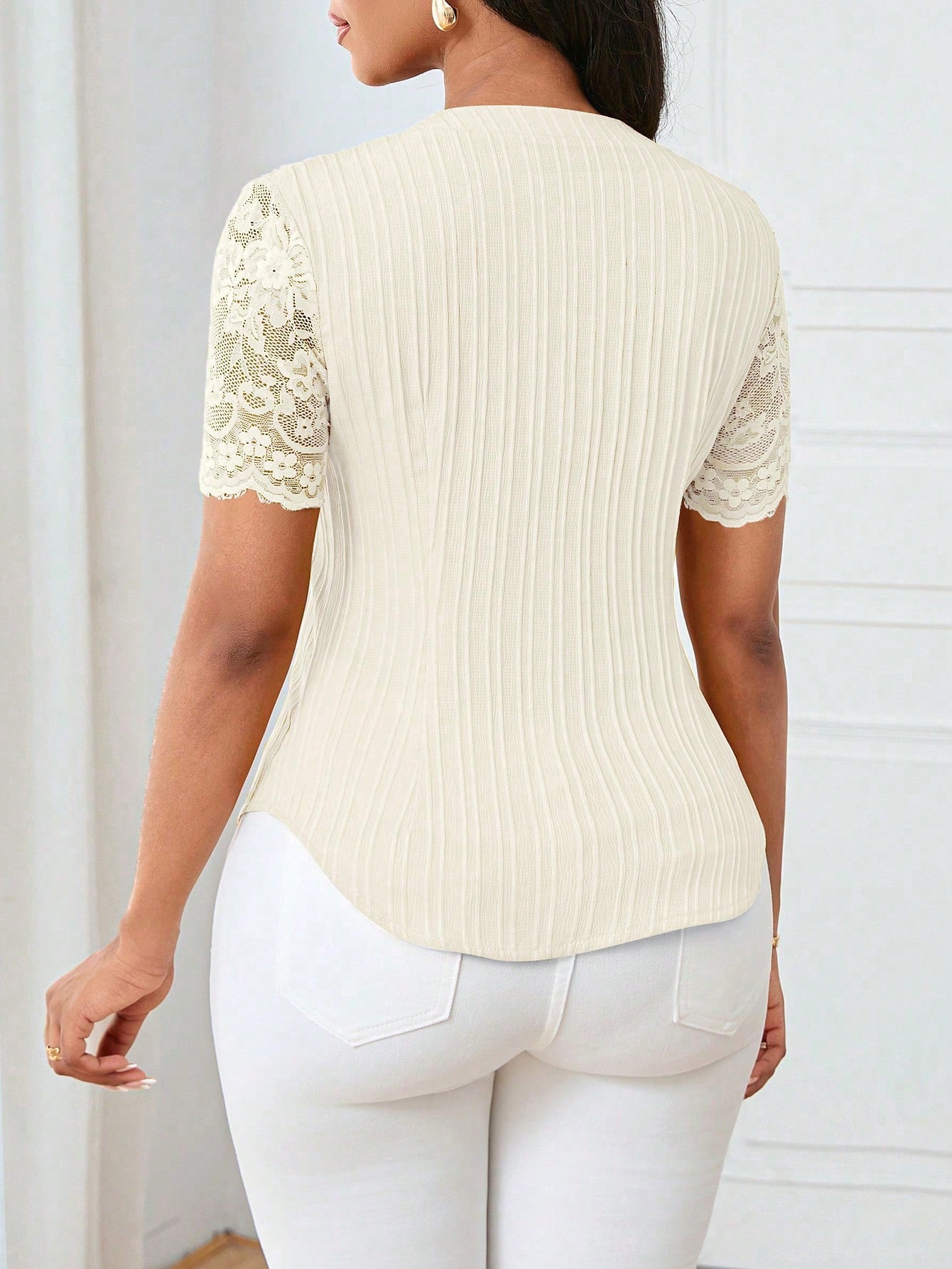 Solid Color Embroidered Hollow-Out Short-Sleeve Top