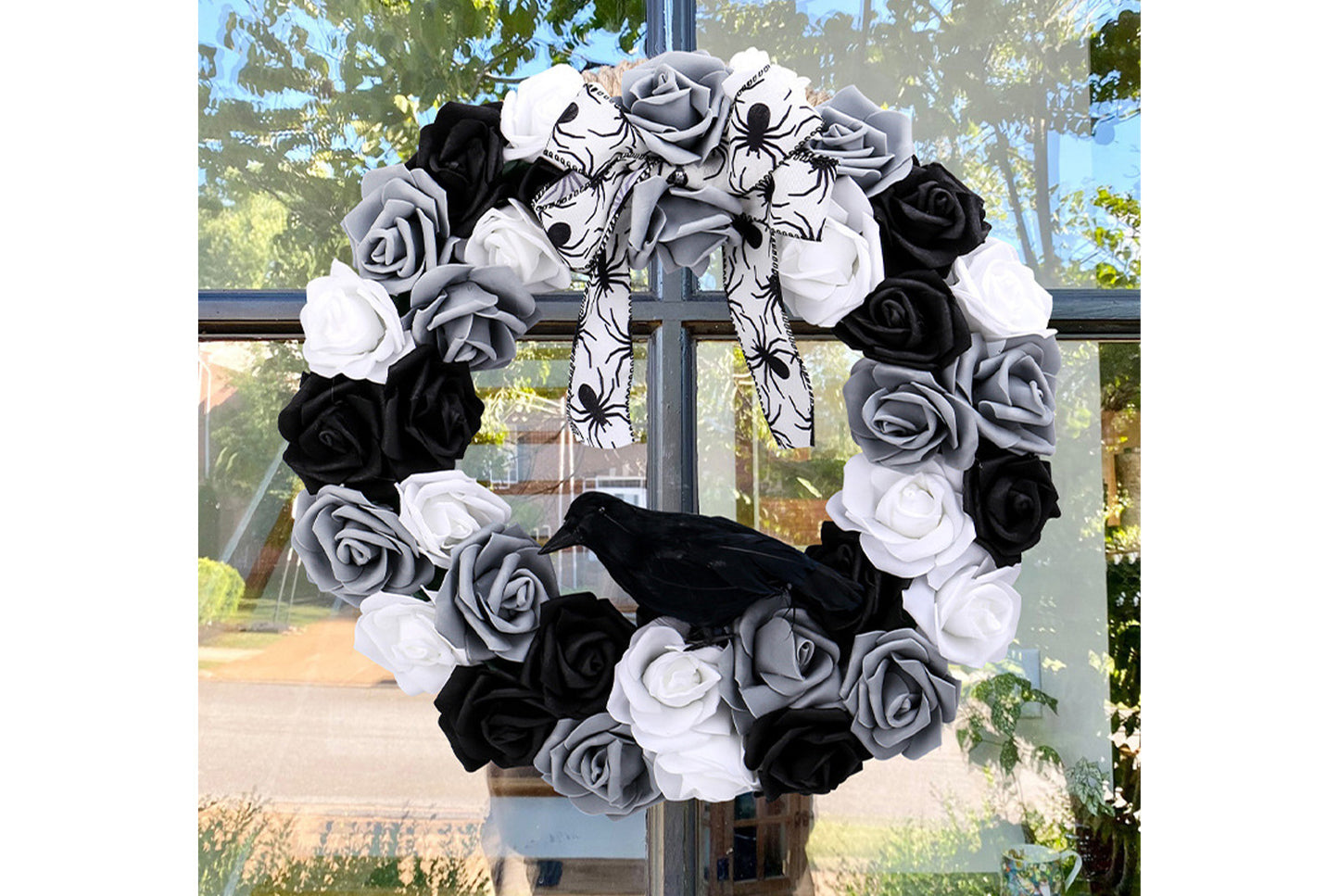 Black and White Rose and Crow Wreath