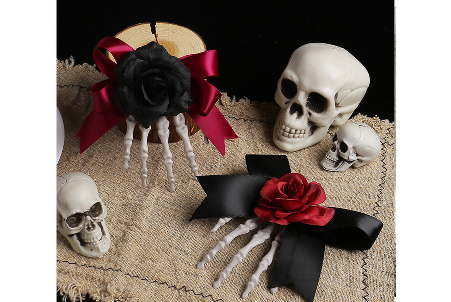**Halloween Skeleton Hand Hair Clip with Scary Rose Bow Side Clip**