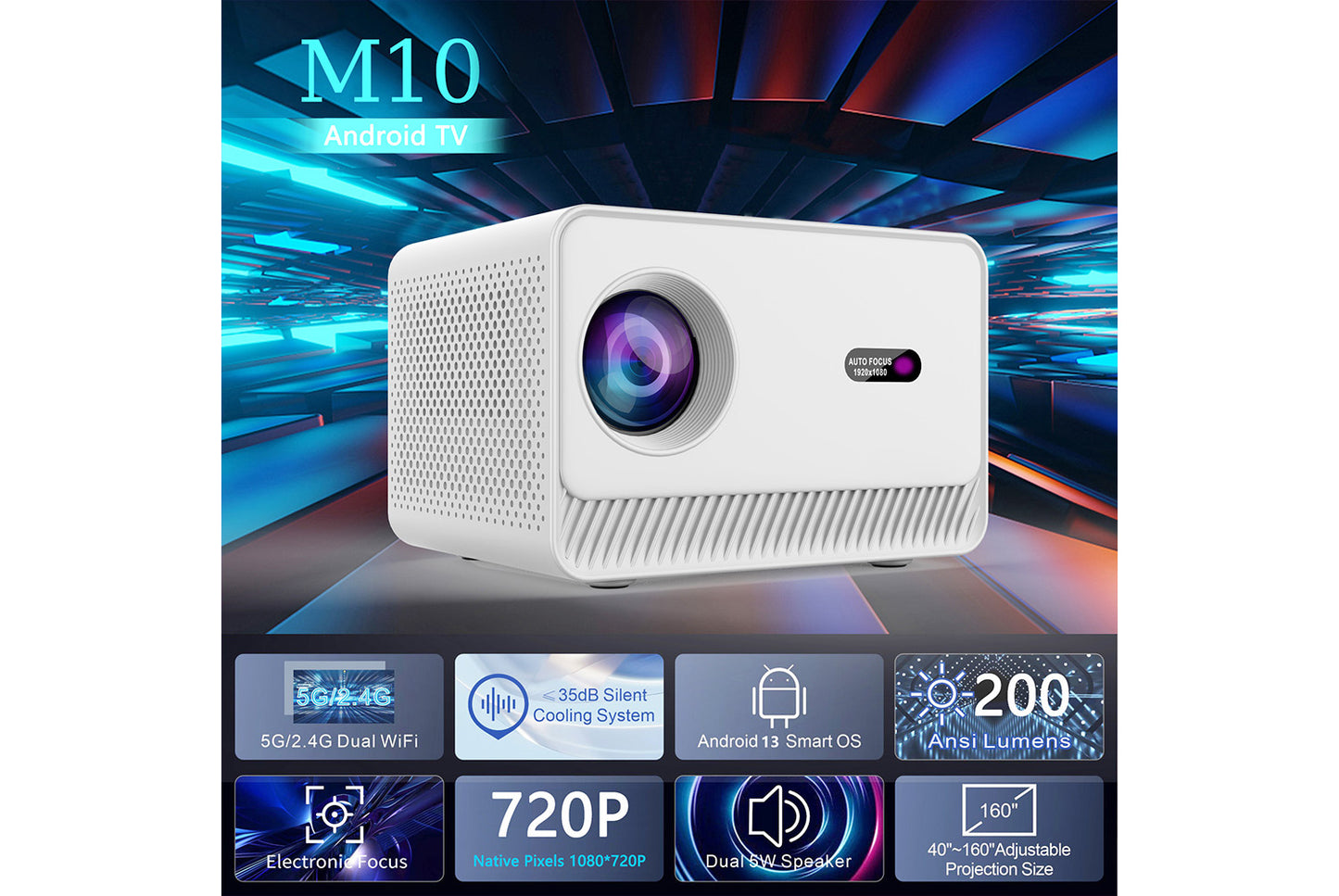 **M10 Smart Projector, White, Android**(UK plug)