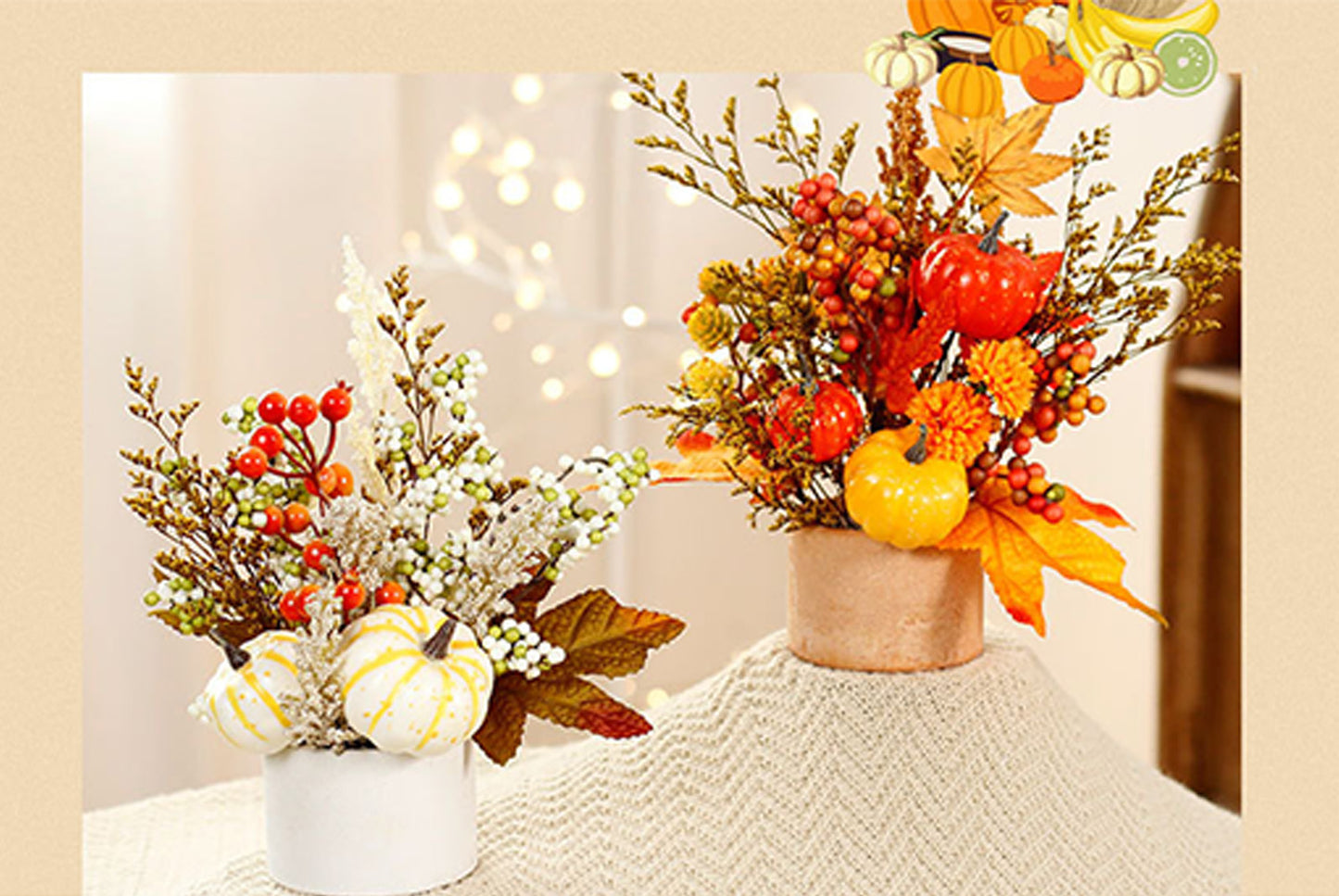 Simulated Autumn Maple Leaf, Pumpkin, and Rice Potted Plant