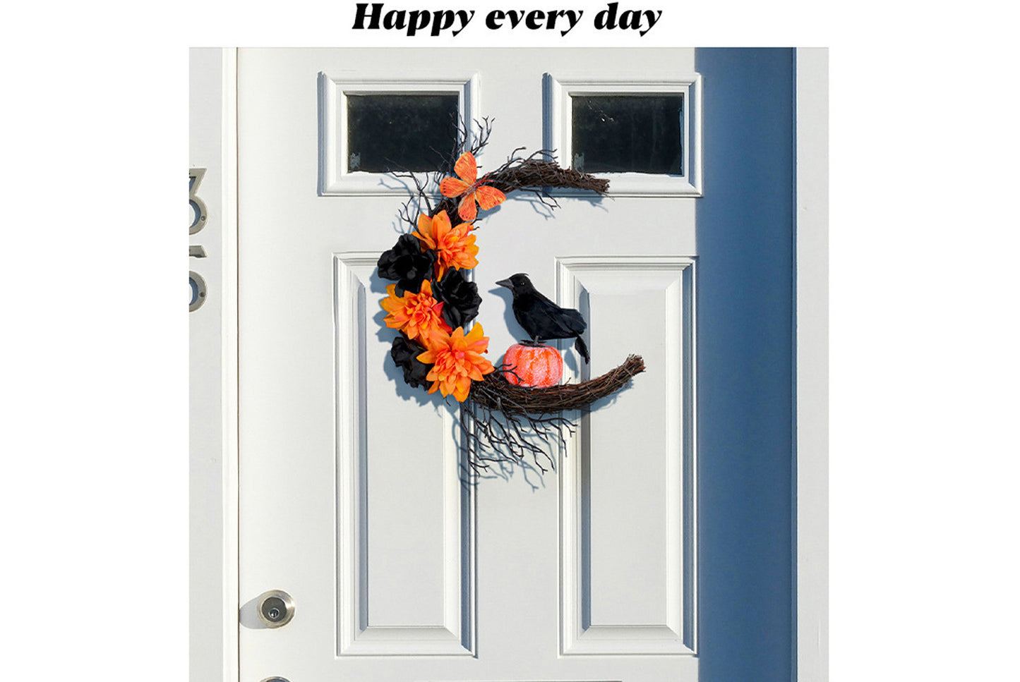 Halloween Orange and Black Crow Moon Wreath Door Hanging